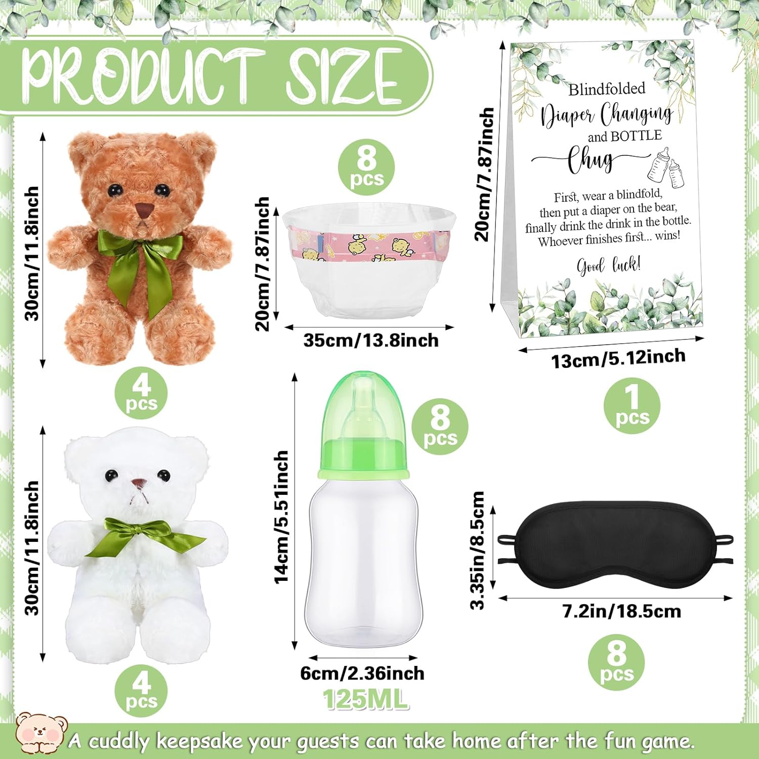 Soulchen 33 Pcs Bear Blindfolded Diaper Changing Baby Shower Games Set Bottle Chug Funny Baby Dolls Diapers for Gender Reveal Raffle Party Game Gifts