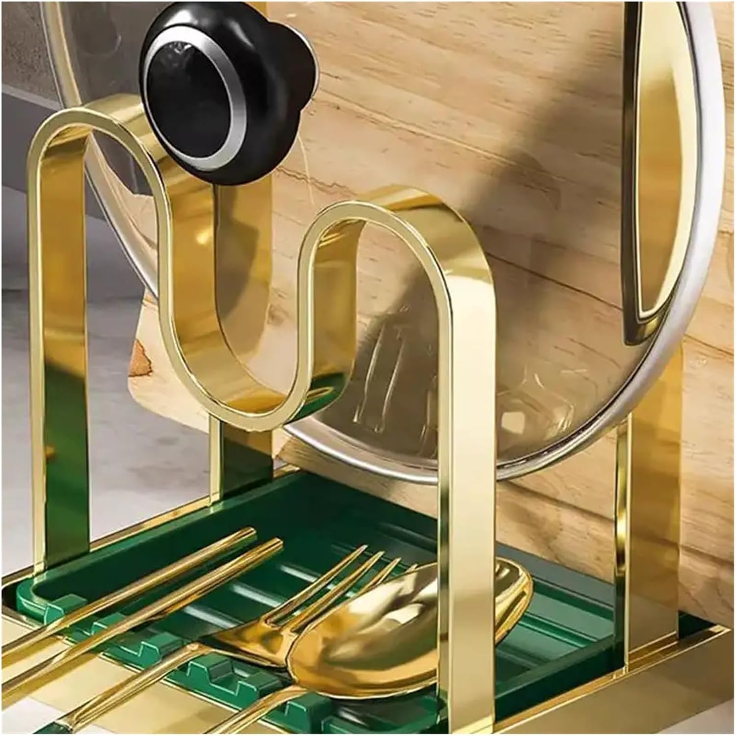 Kitchen Organizer Rack Pot Cover 3-Layer Lid Metal Rust-Free Multifunctional Storage With Drain Tray(Gold)