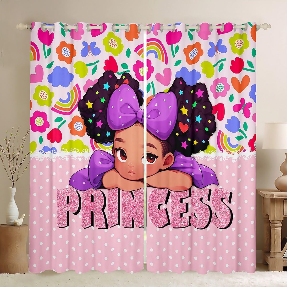 Black Girls Window Curtain,Princess Girl Pink Diamond Glitter Pattern Curtains,Cute African Style Americans Window Treatment Curtain Kids Teens Cartoon Colorful Flower Window Drapes,2 Panels,42Wx63L