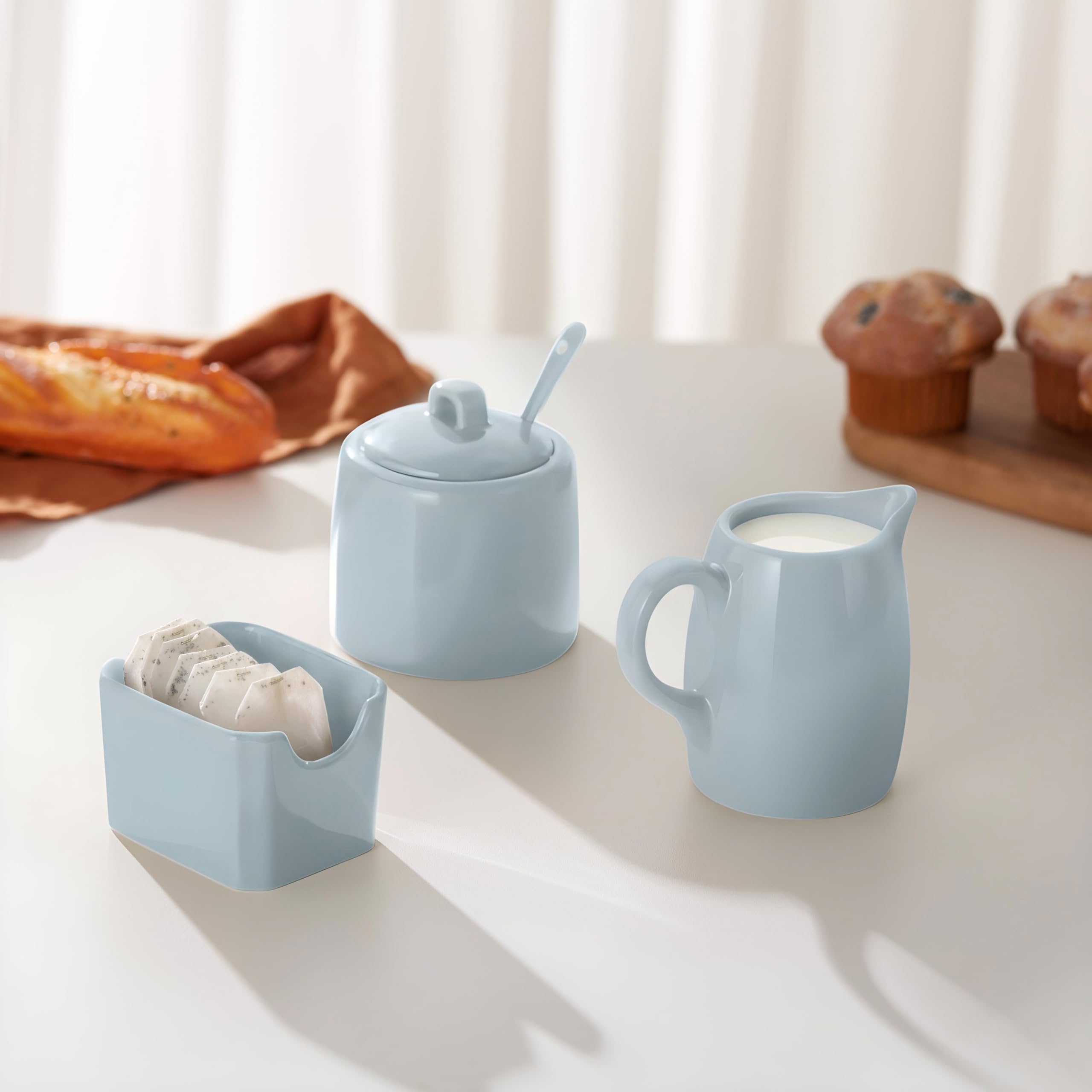 Kook Lot de 3 sucriers, pichet, sucrier avec couvercle et cuillère, support pour édulcorant, bleu casper