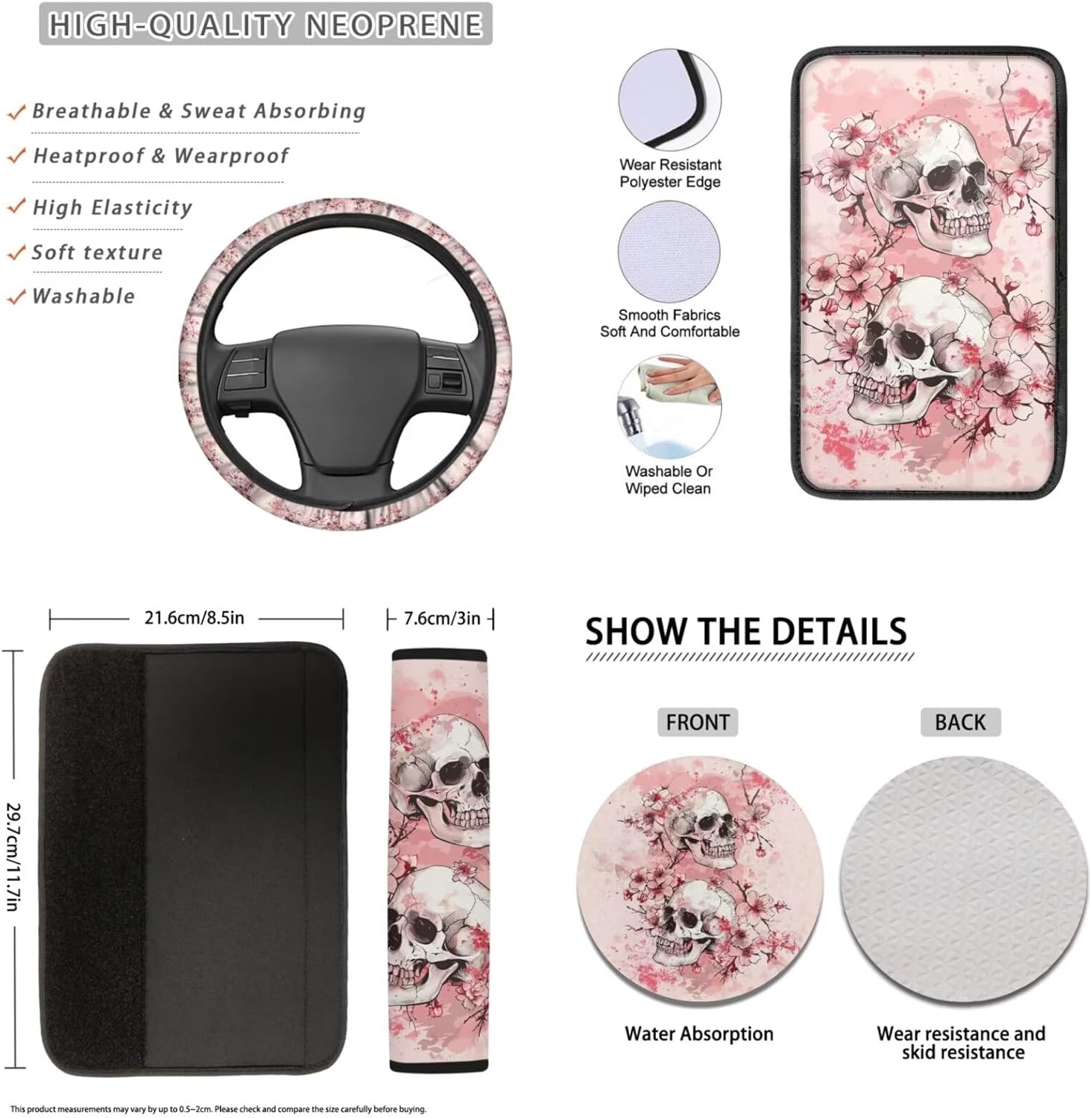 Skull Prined Car Seat Covers Full Set Cherry Blossom Car Accessories Set Car Front Rear Seat Cover with Steering Wheel Cover Seatbelt Car Interior Accessories for Deocr, 16 Pack