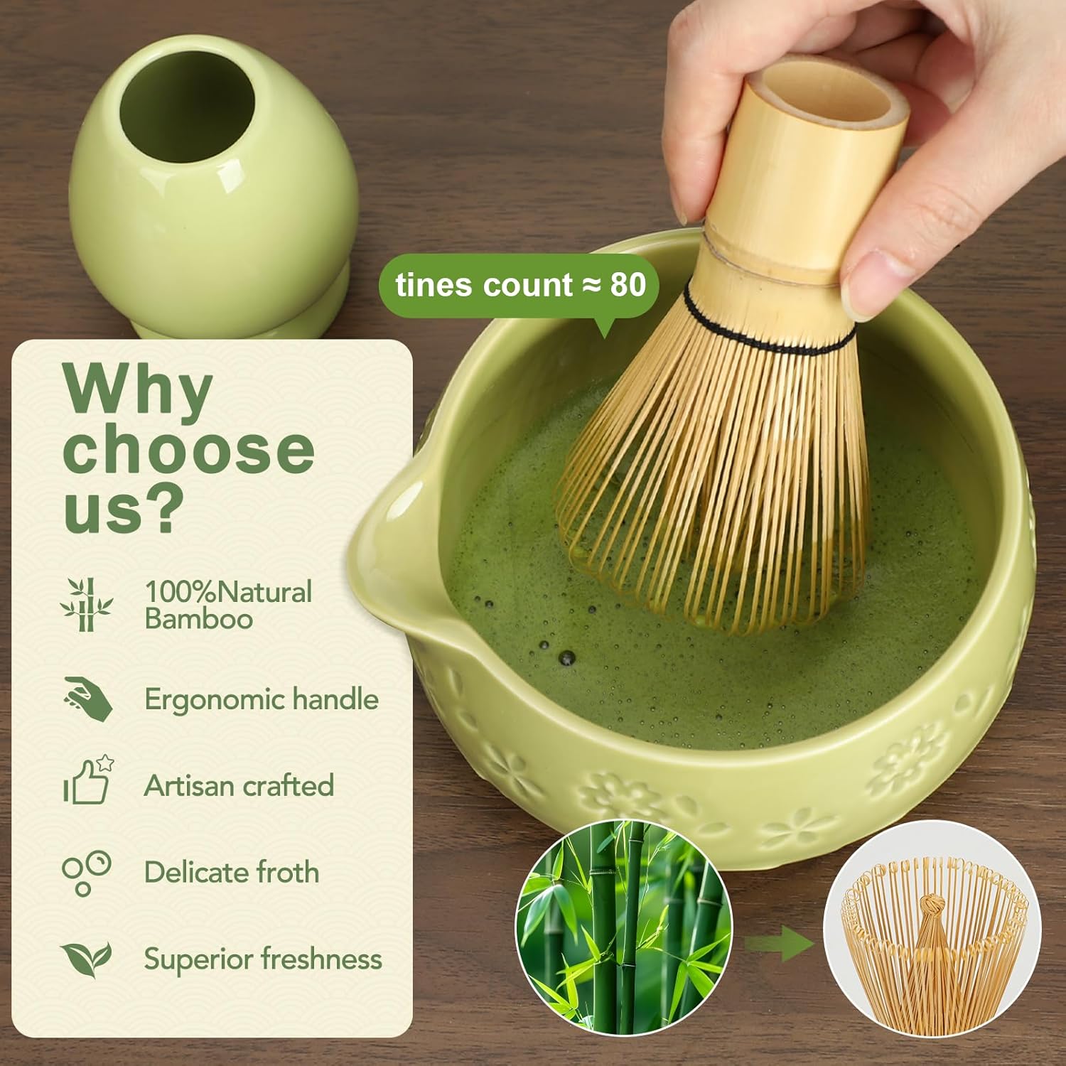 Matcha Whisk Set, Ceramic Bowl with Spout, Bamboo Matcha Whisk & Spoon, Chasen Holder, Scoop Rest, Sifter, 8-Pcs Japanese Ceremony Matcha Powder Kit–Valentine's Day Gift for Women-Matcha Green