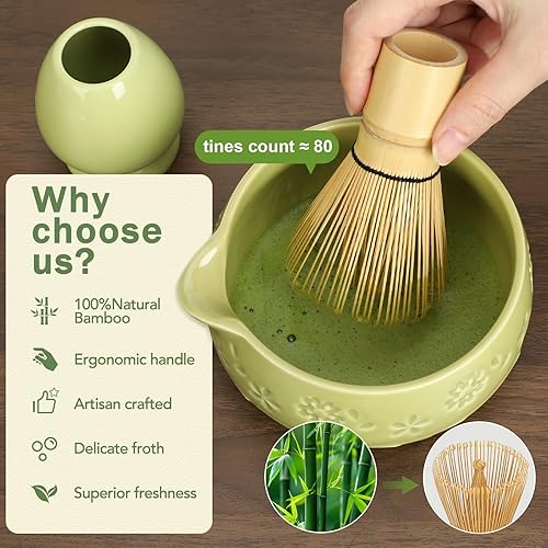 Miniatura 5 de Juego de batidor de matcha, cuenco de cerámica con boquilla, batidor y cuchara de bambú matcha, soporte para Chasen, soporte para cucharada, tamiz,