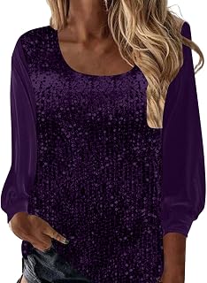 Top Lentejuelas Mujer,Cuello U Camiseta Manga Larga Mujer de Terciopelo Moda Brillante Blusa Shirt de Lentejuelas Color Sólido Parte Superior con Purpurina Ropa Brillo para Fiestas Club Bar