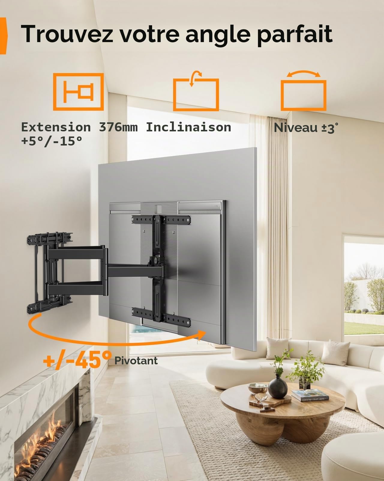 Perlegear Support Mural TV Ultra-Fin, Profil 27,9 mm TVs 42 à 90 Pouces, Support TV à Mouvement Complet avec 2 Bras Articulés, Pivotant, Inclinable, Compatible VESA à 600 x 400 mm, Charge Max 60 kg
