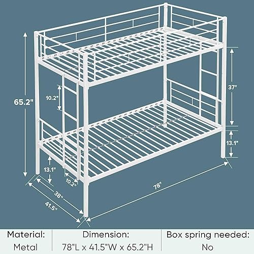 Miniatura 2 de Litera de metal con 2 escaleras y barandilla de seguridad, literas convertibles resistentes, base de cama individual sobre individual con espacio de