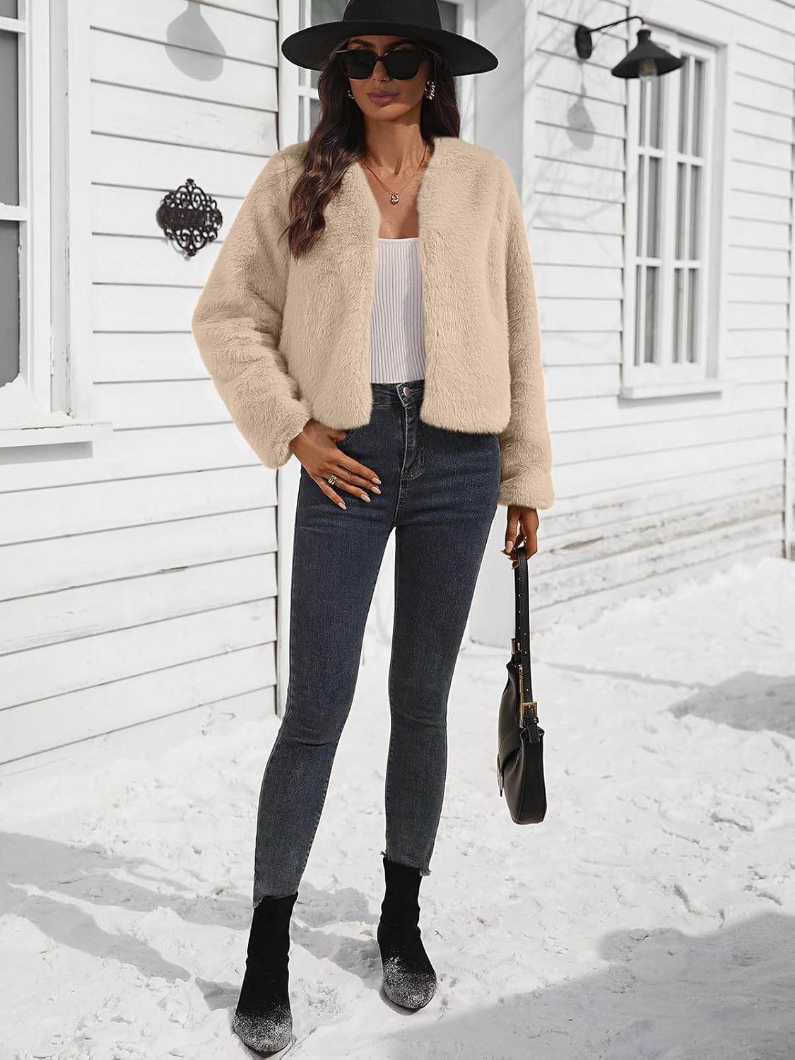 Women's Faux Fur Cropped Jacket Crew Neck Long Sleeve Oversized Shrugs for Dresses Fluffy Coats Pocket Winter - Image 5