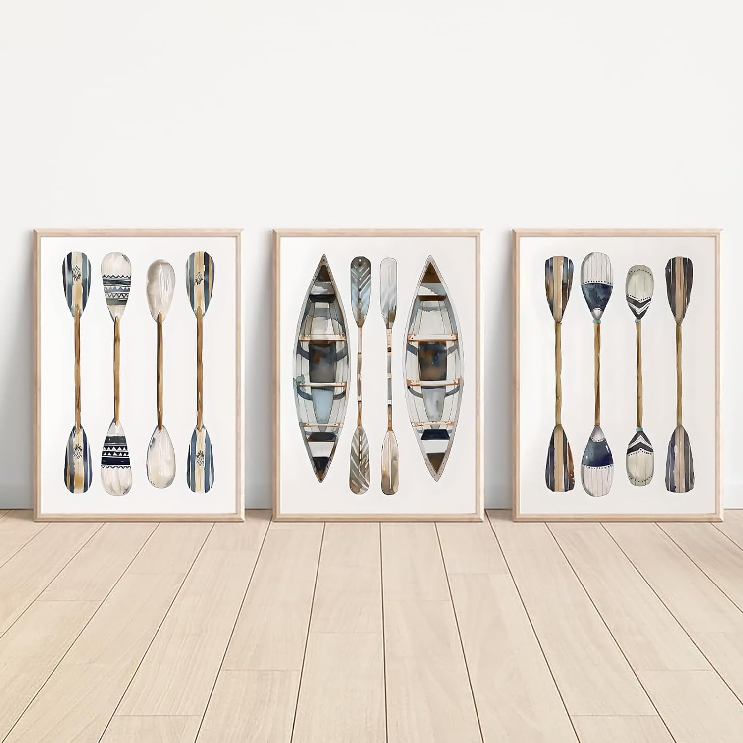 ZZJYYC Navy Blue Sailboat Kayak Wall Art Prints 3 Pieces Canvas Paintings Artwork Vintage Watercolor Posters Pictures for Lake House Beach House Decor 12x16 inch Unframed