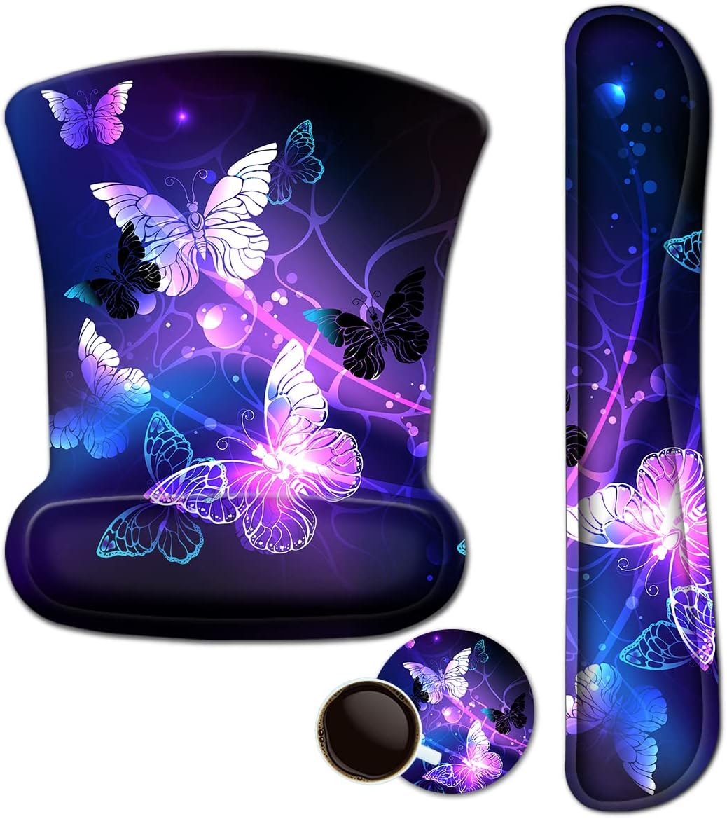 Mouse Pad with Wrist Support and Keyboard Wrist Rest Pad Set,Ergonomic Mouse Pads for Computers Laptop,Non-Slip Comfortable Mousepad w/Raised Memory Foam for Easy Typing & Pain Relief (Arts Butterfly)