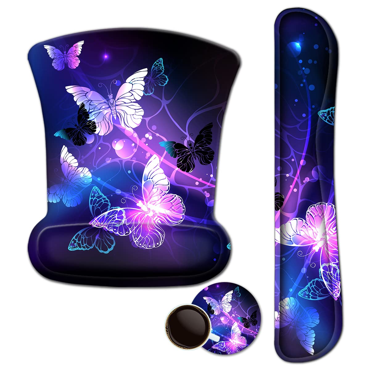 Mouse Pad with Wrist Support and Keyboard Wrist Rest Pad Set,Ergonomic Mouse Pads for Computers Laptop,Non Slip Comfortable Mousepad Raised Memory Foam for Easy Typing Pain Relief,Arts Butterfly