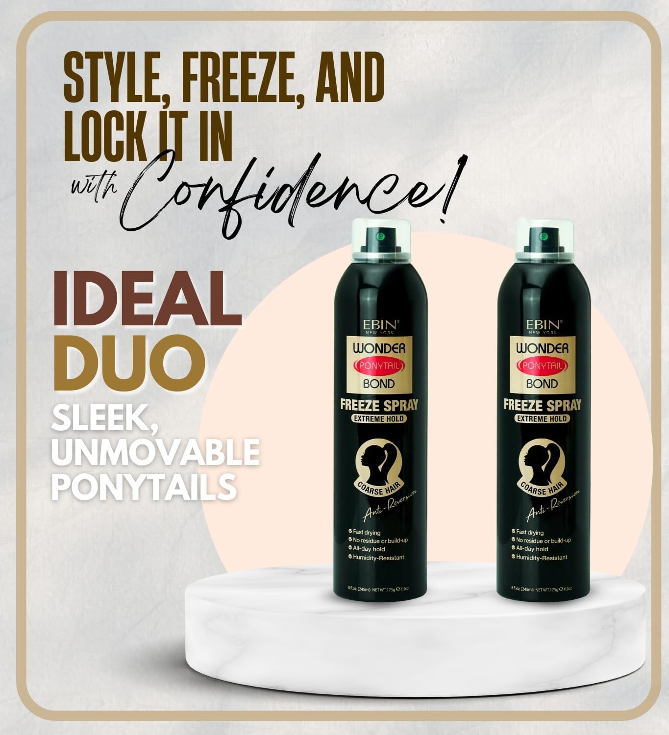 EBIN NEW YORK Wonder Ponytail Bond Freeze Spray Extreme Hold Bundle with Precision Styling Nozzle Long Lasting Hair Spray for Sleek Ponytails & Updos – Humidity Resistant – Gift Set (2 Pack)