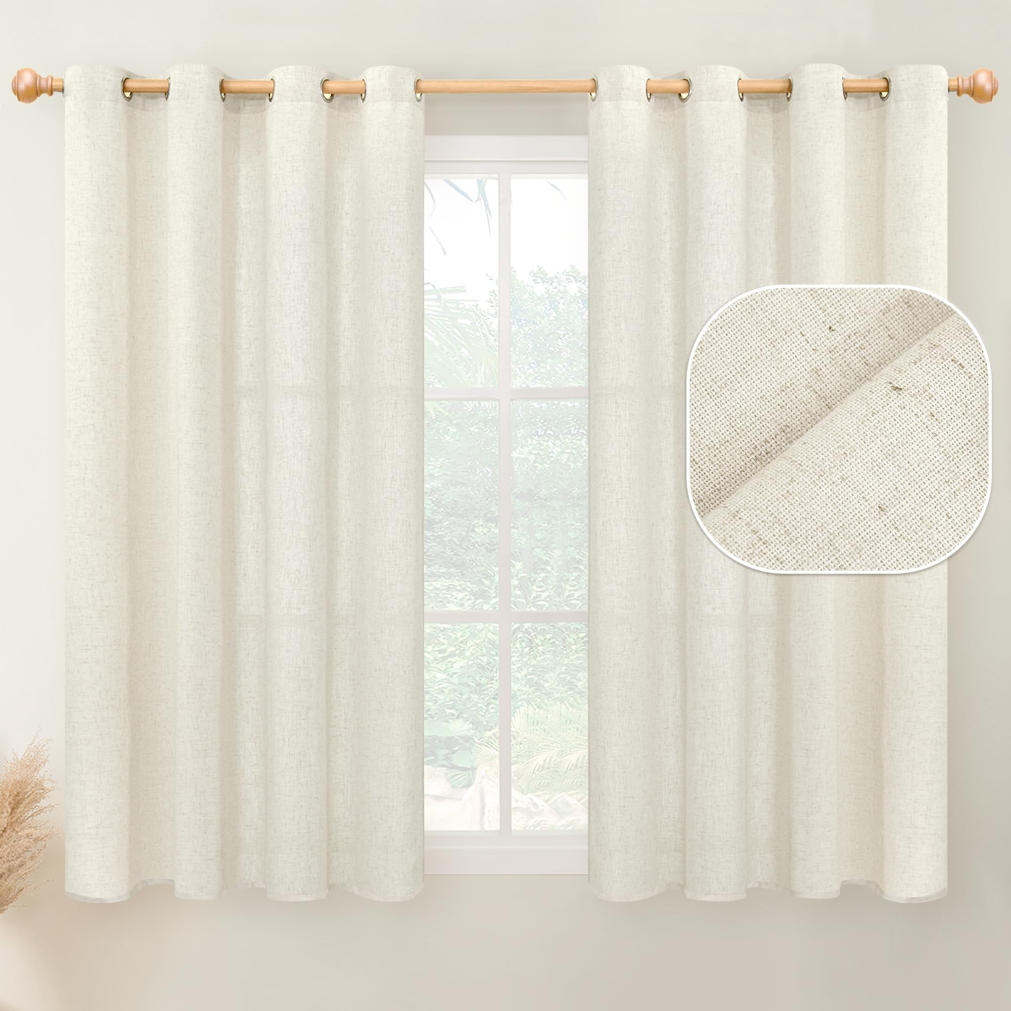 YoungsTex Natural Linen Curtains 54 Inch Length Light Filtering Light Linen Textured Window Drapes Privacy for Short Living Room Bedroom Cafe, 2 Panels, Linen, 52 X 54 Inch