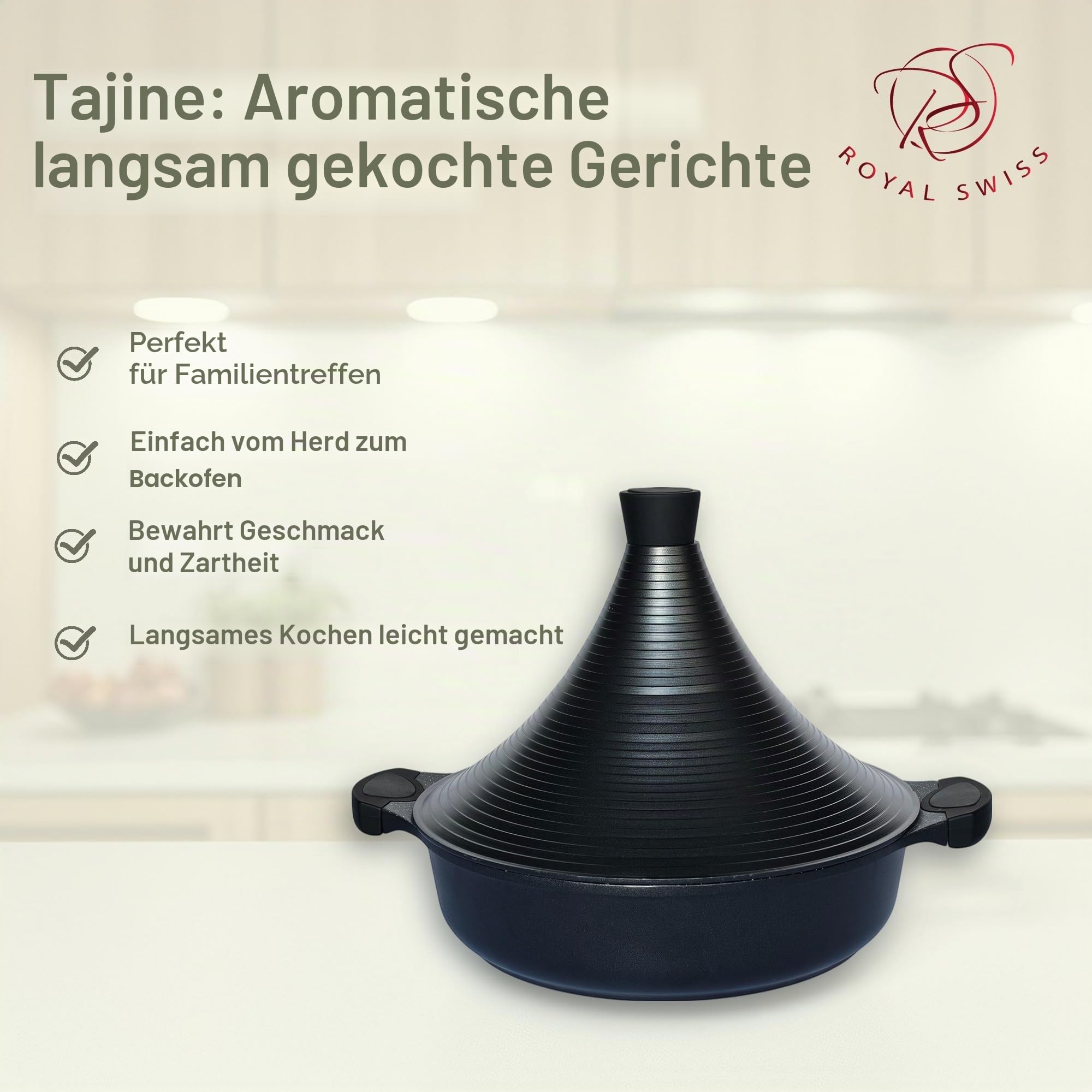 Royal Swiss® Tajine 28 cm – 4.2L Schmortopf aus Aluminium mit Keramik-Antiadhésif sans PFOA, Kegel-Deckel, für alle Herdarten inkl. Induktion & Backofen geeignet,Tajine Marocain – Schwarz