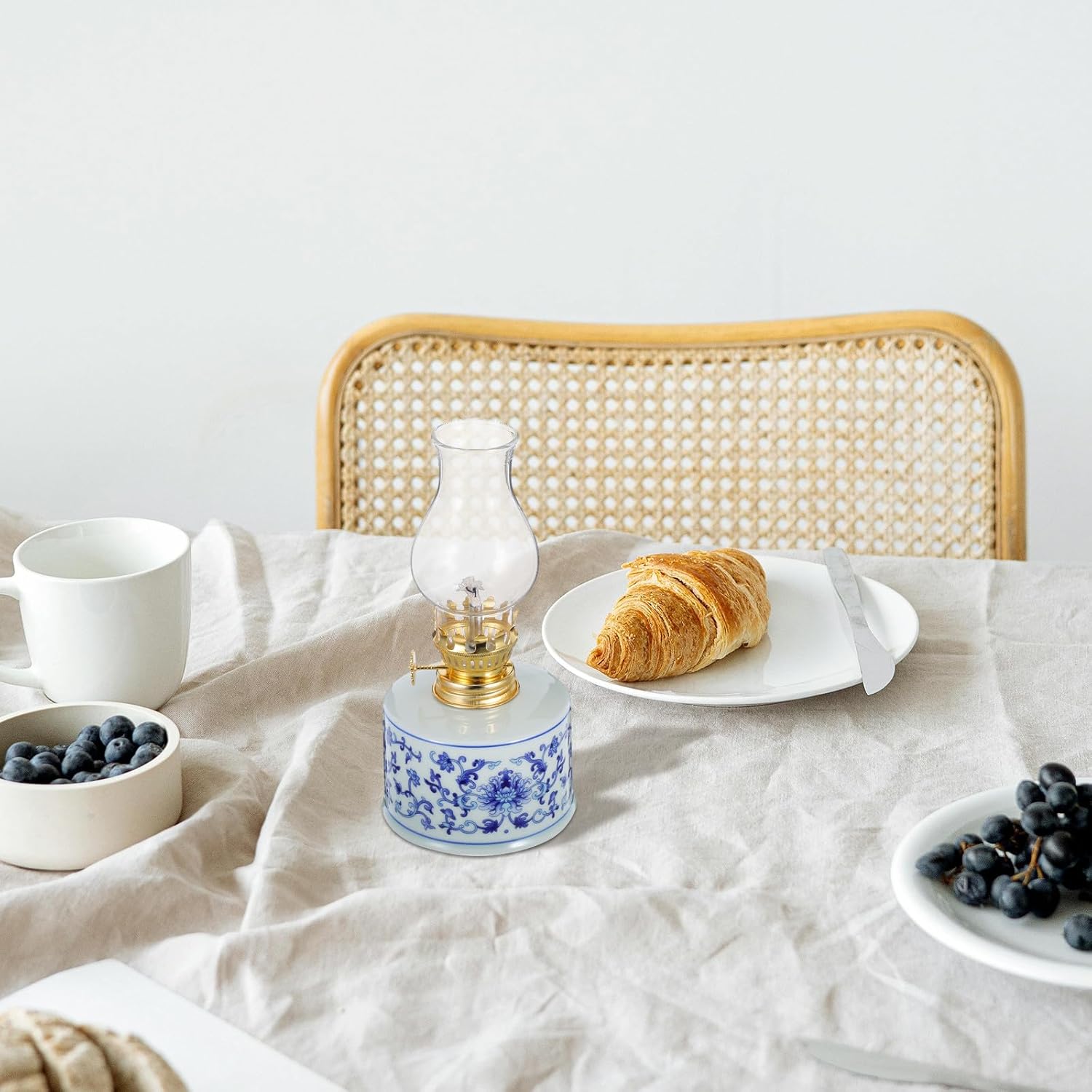 Vintage Ceramic Kerosene Oil Lamp with Blue and White Floral Pattern, Classic Chamber Hurricane Lantern for Indoor Home Decor and Emergency Lighting