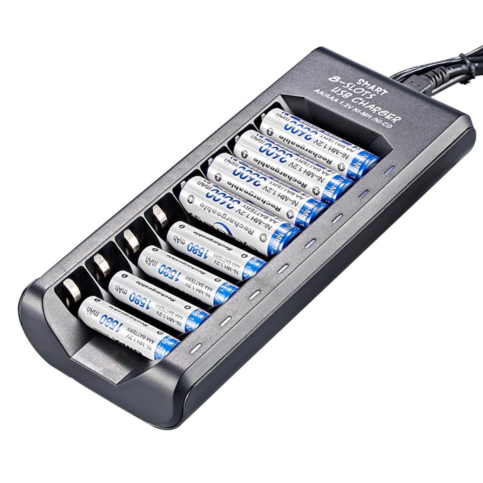 Lot de 5 chargeurs USB rechargeables à 8 emplacements 1,2 V Ni-MH AA/AAA - Facile à transporter