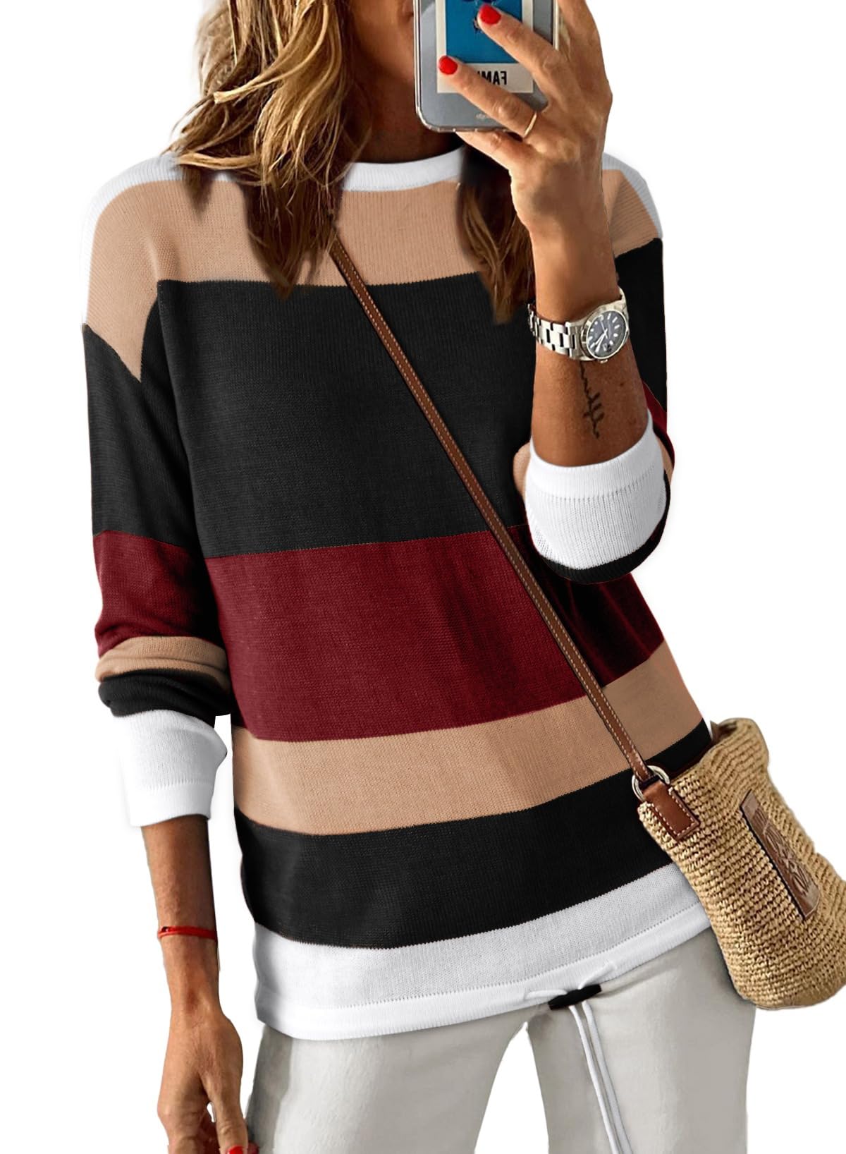 Dokotoo Womens Sweaters Striped Fall Winter Outfits Drawstring Color Block | Long Sleeve,Crewneck,Lightweight Fashion Clothing,Teachers Comfy Outfits,Business Casual Tops,Vacation Wear