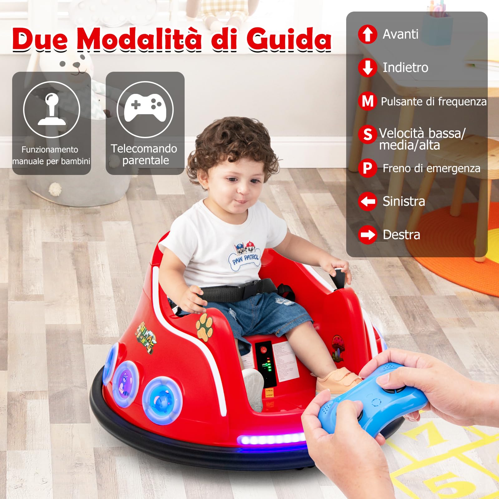 RELAX4LIFE Autoscontro Elettrico 12V per Bambini 3 ANNI+, con Telecomando 2,4G, Rotazione a 360 Gradi, Luci, Musica e Connessione Wireless, 73 x 73 x 43 cm (Rosso)