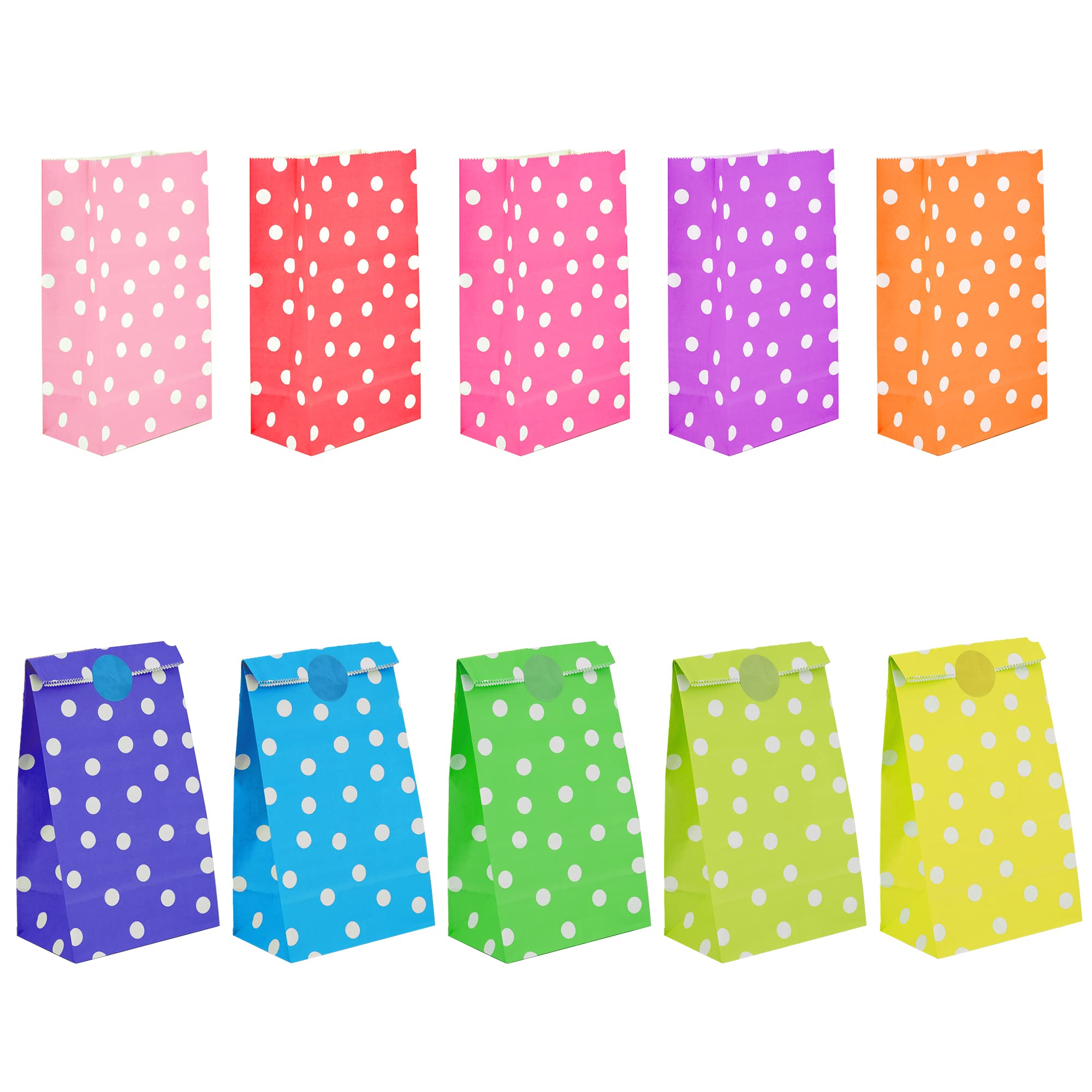 Time to Sparkle 100PCS Party Bag Kraft Paper with 120 Stickers Kids Party Gift Sweet Bags for Class Party Favors Girls Boys Birthday Wedding Christmas Halloween, 130X80X240mm, Large Dot-Colourful