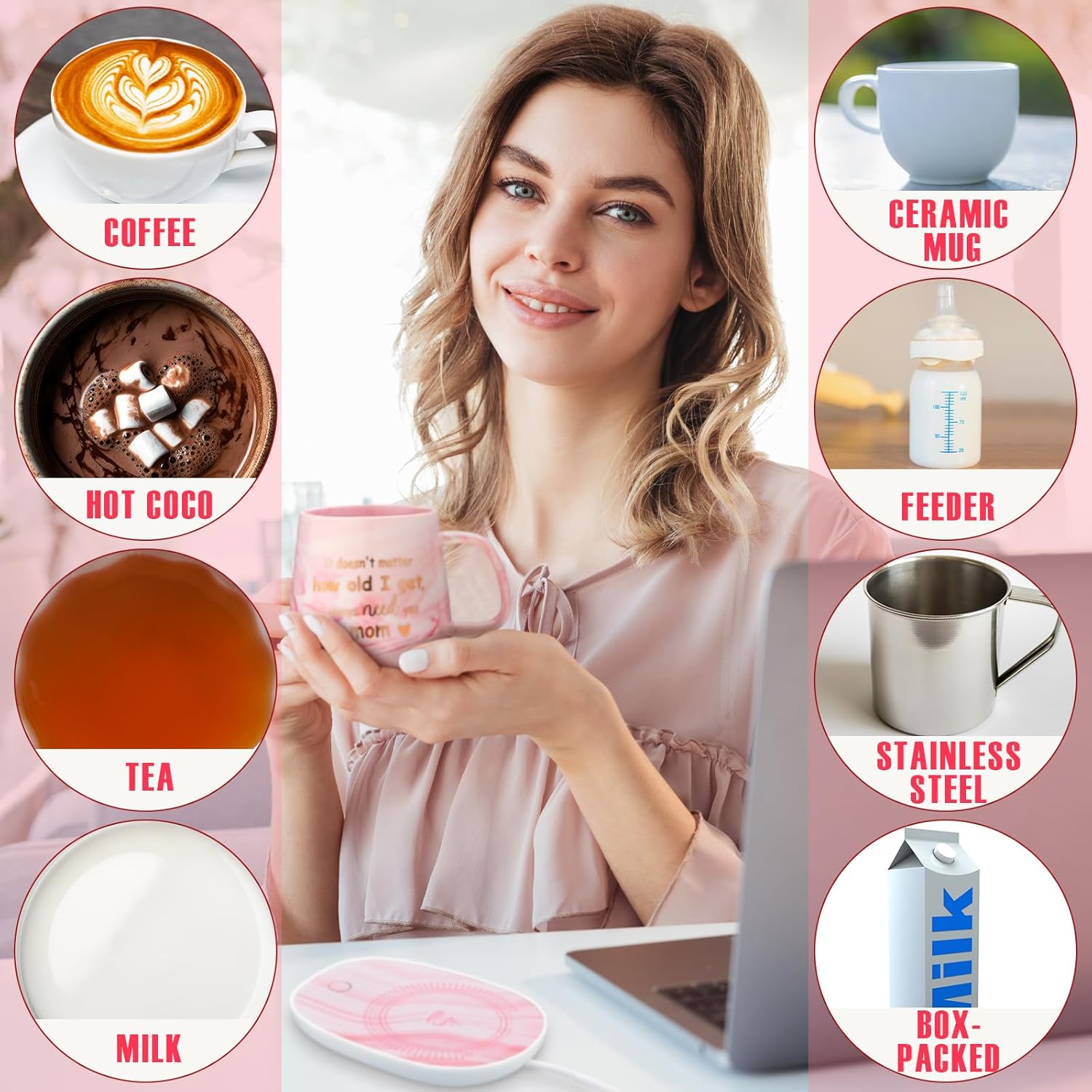 Sieral 2 Christmas Mom Gifts Coffee Mug Warmer & It Doesn't Matter How Old I Always Need You Mom Mug Set Auto Shut Off Smart Warmer Coaster for Desk Birthday from Daughter, Son - Image 5