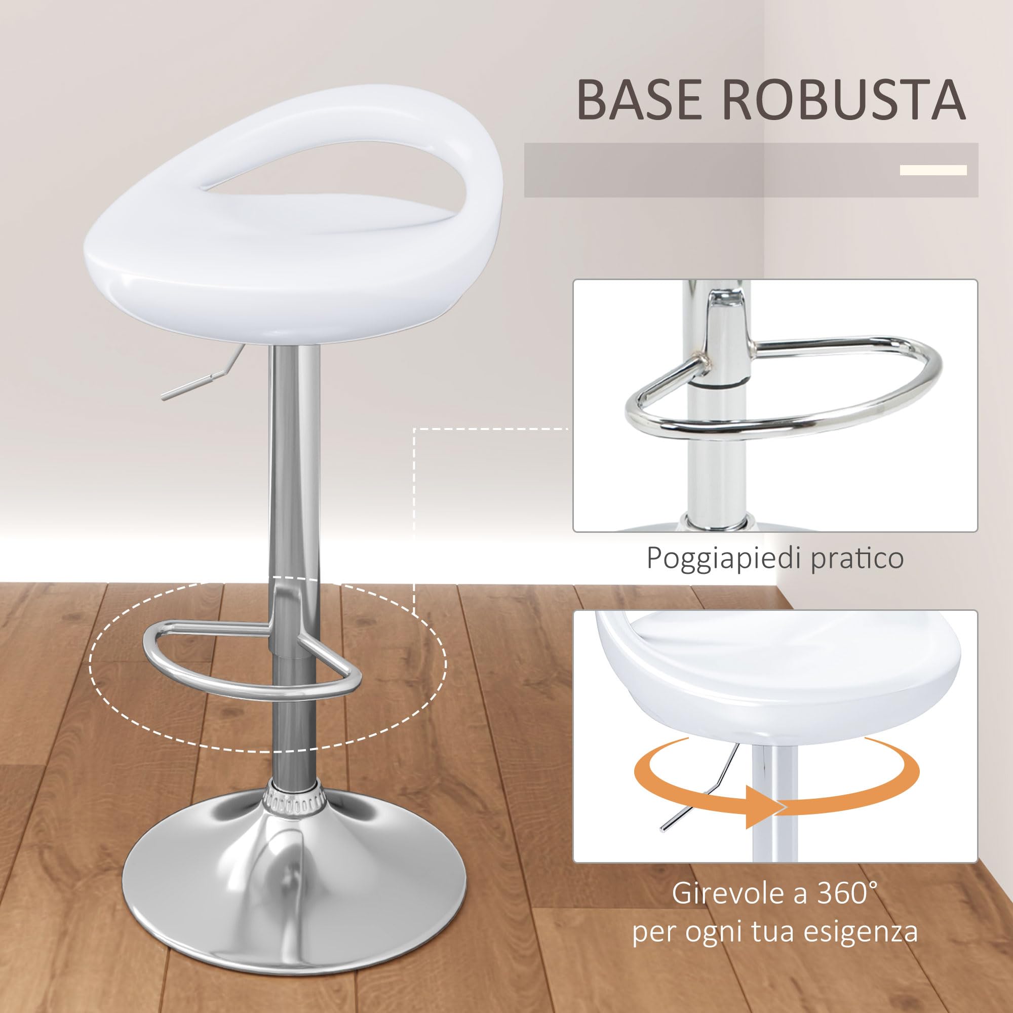 HOMCOM Set 2 Sgabelli da Bar Alti, Sgabelli Girevoli a 360°, con Schienale e Poggiapiedi, Altezza Regolabile, Base in Acciaio, per Sala da Pranzo e Cucina, 46x41x76-96cm, Bianco