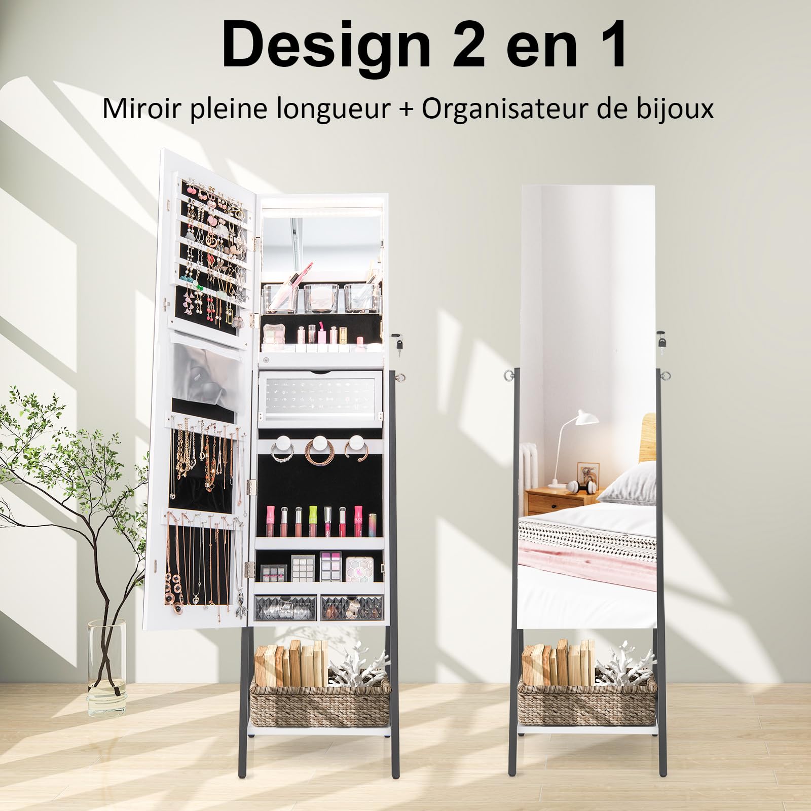 COSTWAY Armoire à Bijoux LED, Armoire de Rangement sur Pieds Verrouillable, Miroir Pleine Longueur HD, Lumières LED 3 Couleurs, Miroir Intérieur, pour Boucles d'Oreilles, Bagues, Colliers (Blanc)