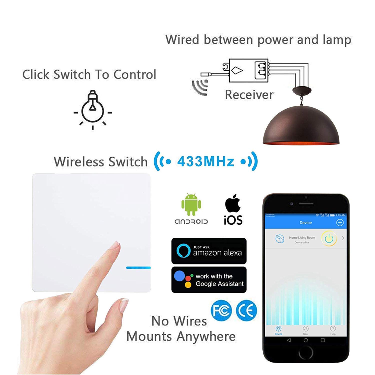 3Stück drahtloser WiFi-Schalter-Empfänger-Kit für Lichter Lampen mit Fernbedienung Drahtlos Empfänger Keine Verkabelung Batterie erforderlich, Arbeit mit Alexa,Echo,Google Home,Tuya,Smart Life App
