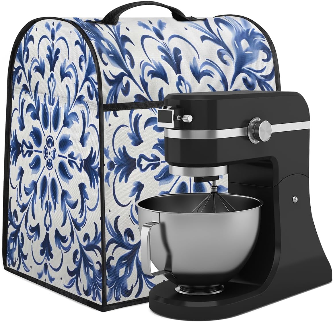 Mixer Cover Retro Blue Tiles Flower Kitchen Aid Stand Mixer Cover Waterproof Coffee Maker Machine Dust Cover with Pocket, Kitchen Counter Appliance Covers Mixer Assecories
