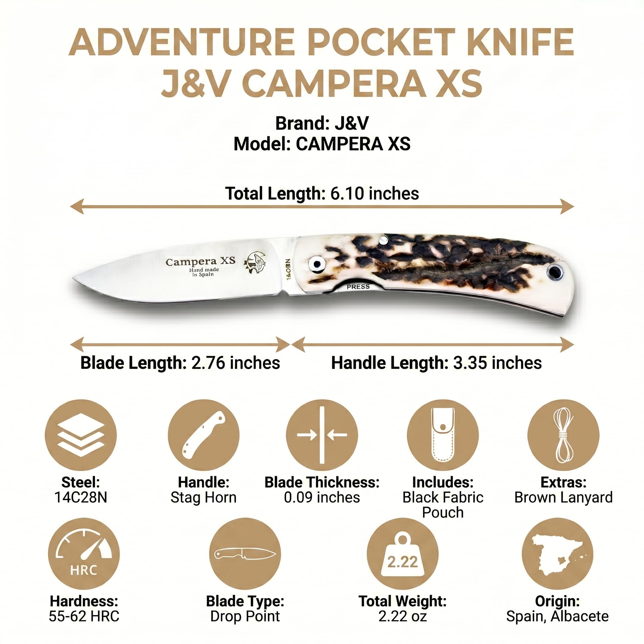 J&V Taschenmesser CAMPERA XS mit schwarzem Stoffetui - Wander-Klappmesser mit 7 cm 14C28N Stahl-Klinge und Hirschhorngriff - DAS Wander Messer - Perfekt für Sportaktivitäten - Camping - Angeln