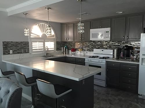 Miniatura 6 de Paquete de 2 lámparas colgantes de isla de cocina de 5 pulgadas, lámpara colgante moderna con acabado de níquel cepillado con pantalla de cristal