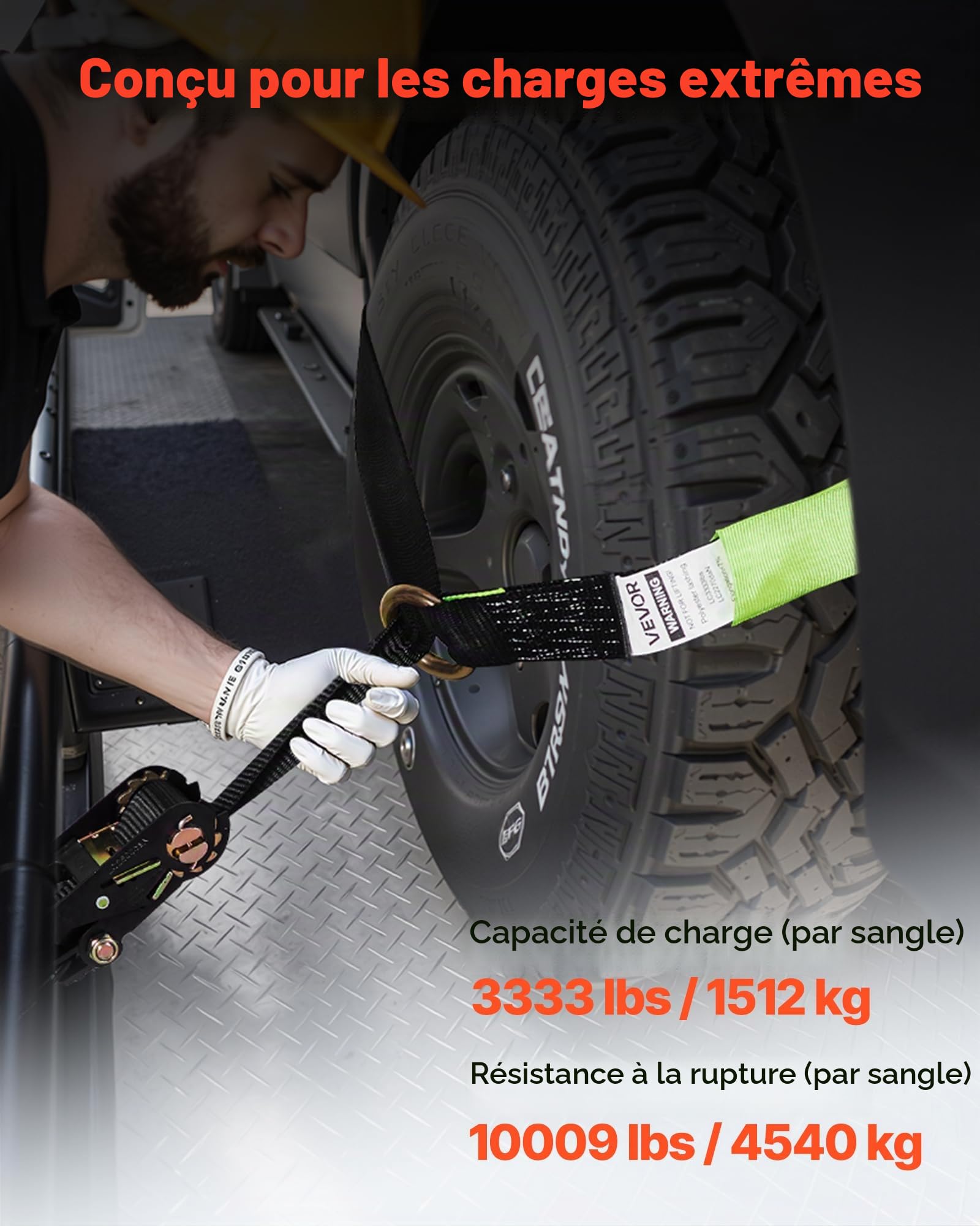 VEVOR Sangles d'Arrimage de Roue avec Crochet Plat, Kit d’Arrimage de Voiture avec Capacité de Charge 1512 kg, Résistance à la Rupture 4540 kg, Kit de Fixation pour VTT Moto Camion SUV Remorque