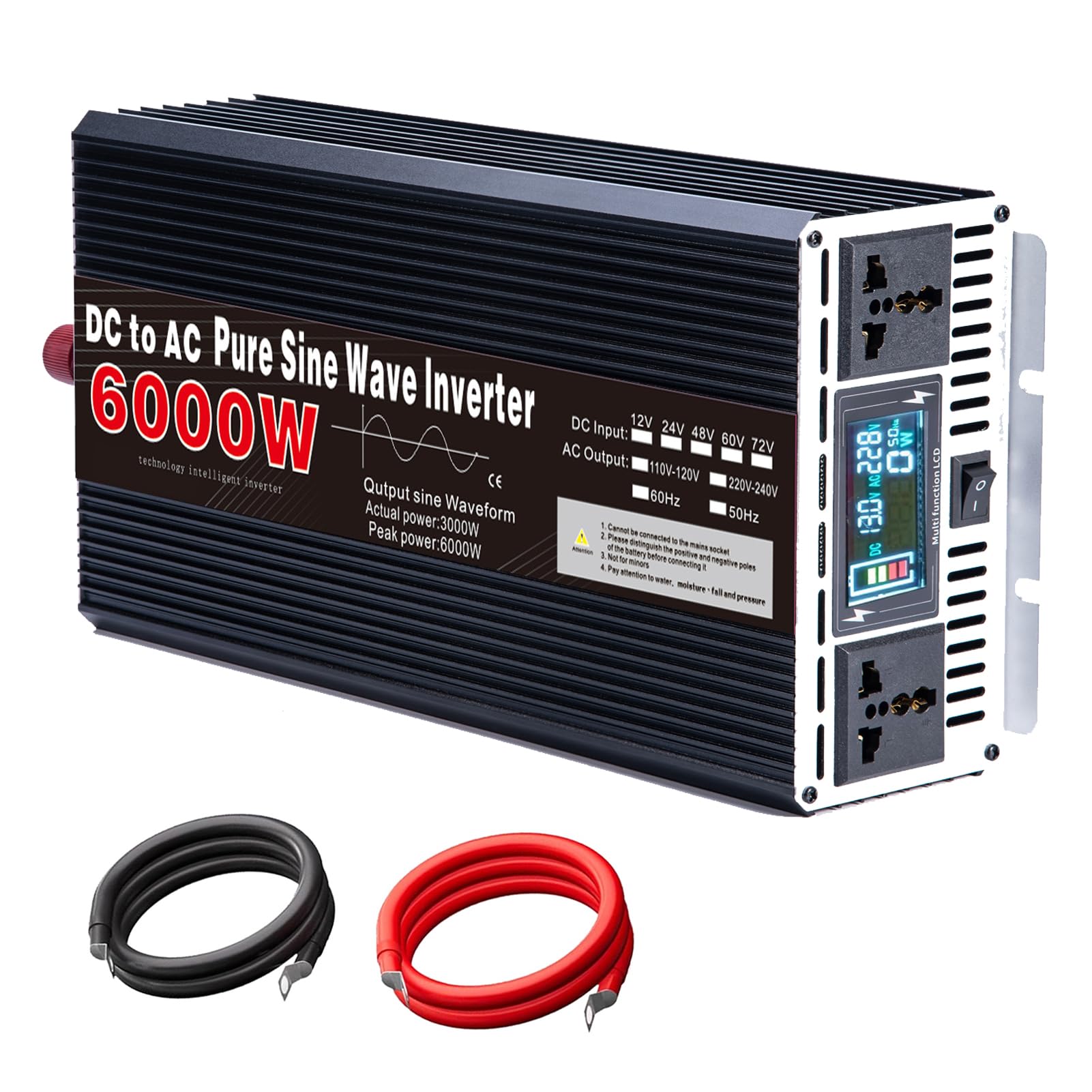 Przemysłowy Falownik Sinusoidalny o Mocy 6000W, DC 12V 24V 48V 60V 72V do 120V 230V AC, Konwerter Zasilania Samochodowego z 2 Gniazdami AC do Urządzeń Elektronicznych i Zasilania Awa(Size:72v to 110v)