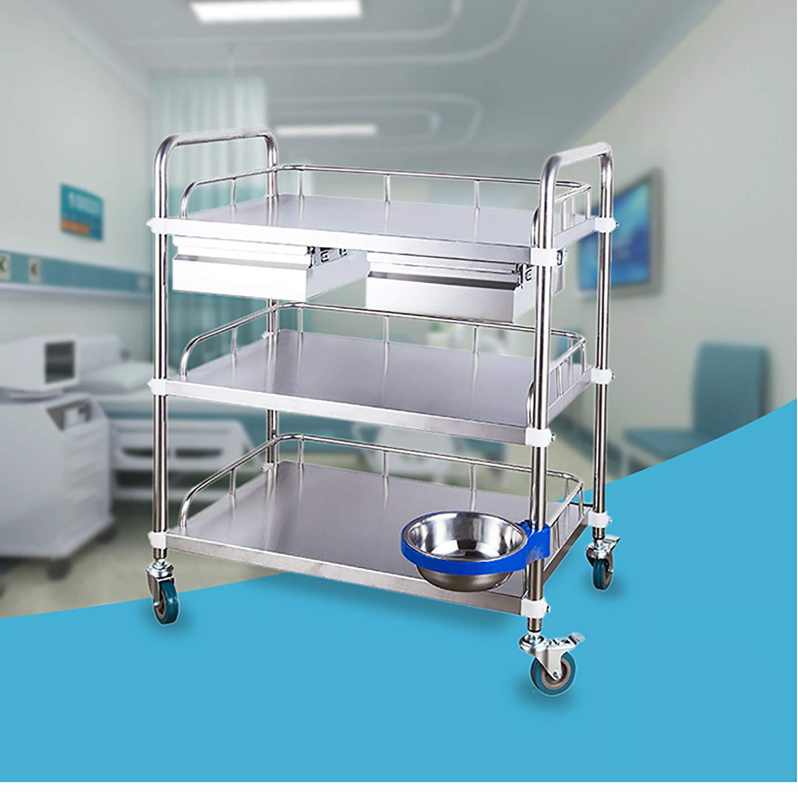 Carro médico con Ruedas, 3 Capas, Carro de Laboratorio de Acero Inoxidable, Carro de Servicio portátil con Ruedas