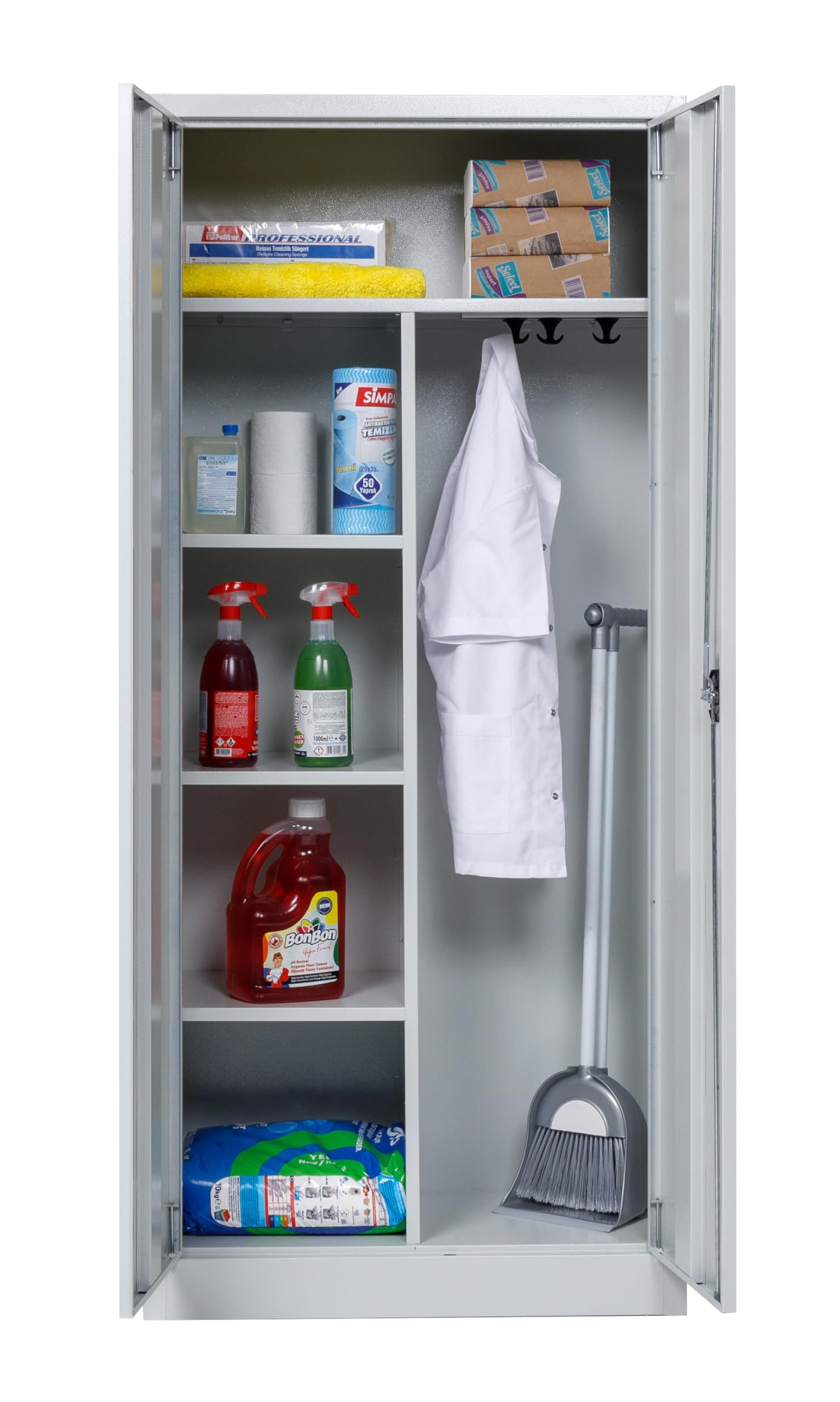 furni24 Metall Putzmittelschrank – Wäscheschrank aus Stahl mit Türen,Dreipunktverriegelung incl. 2 Schlüsseln, Garderobenstange, großen Fächern, Hutablage, fertig montiert - Grau, XXL 80x180x40cm