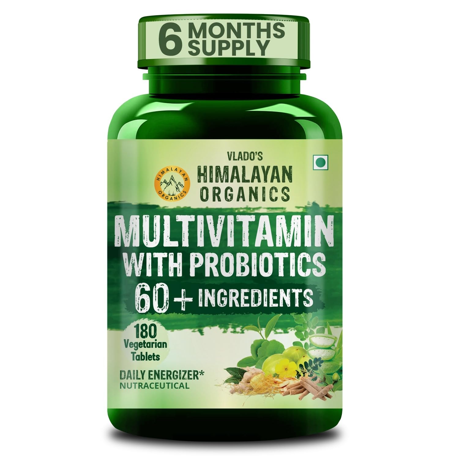 HIMALAYAN ORGANICS Multivitamin With Probiotics - 60 Ingredients Supplement For Men And Women | Vitamin C, D, E, B3, B5, B12, Zinc, Magnesium, Giloy & Biotin - 180 Veg Tablets