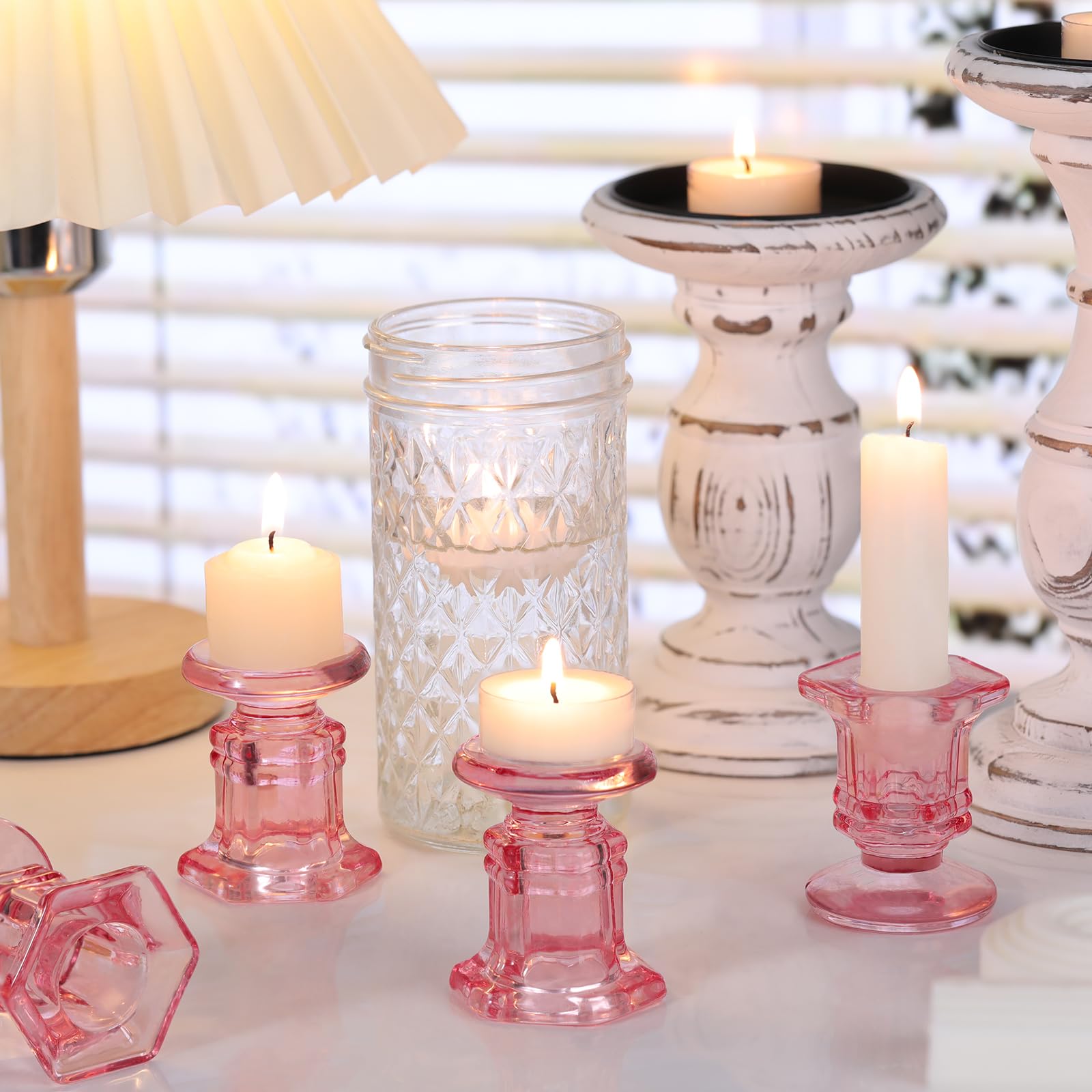 Portacandele rosa, set da 12 portacandele in vetro, per matrimoni, centrotavola, decorazione per la casa