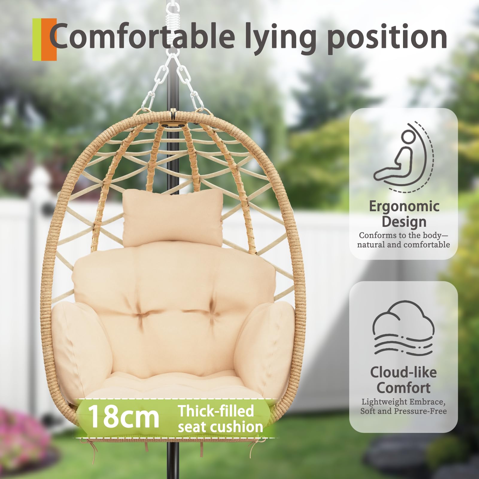 Silla colgante con estructura, cesta colgante con reposapiés y cojín grueso, sillón colgante de ratán, muebles para jardín, balcón, salón, soporta hasta 160 kg (beige)
