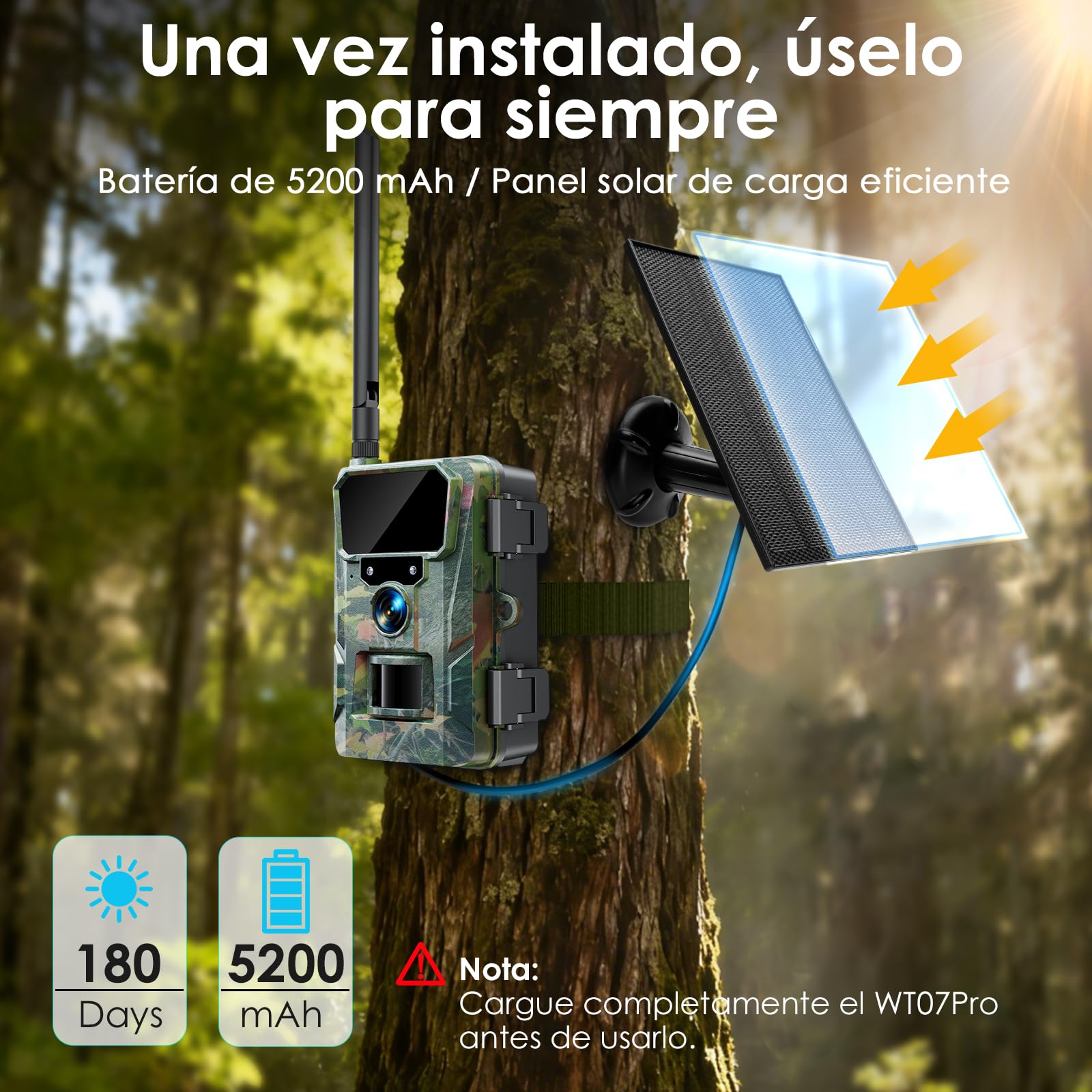 WOLFANG Cámara de Caza 4G, Cámara Fototrampeo 48MP 2K, 5200 mAh Batería, Nocturna 850 NM LED IR con 0,2 s Activación, Cámara Caza Impermeable IP66 para Vida Silvestre