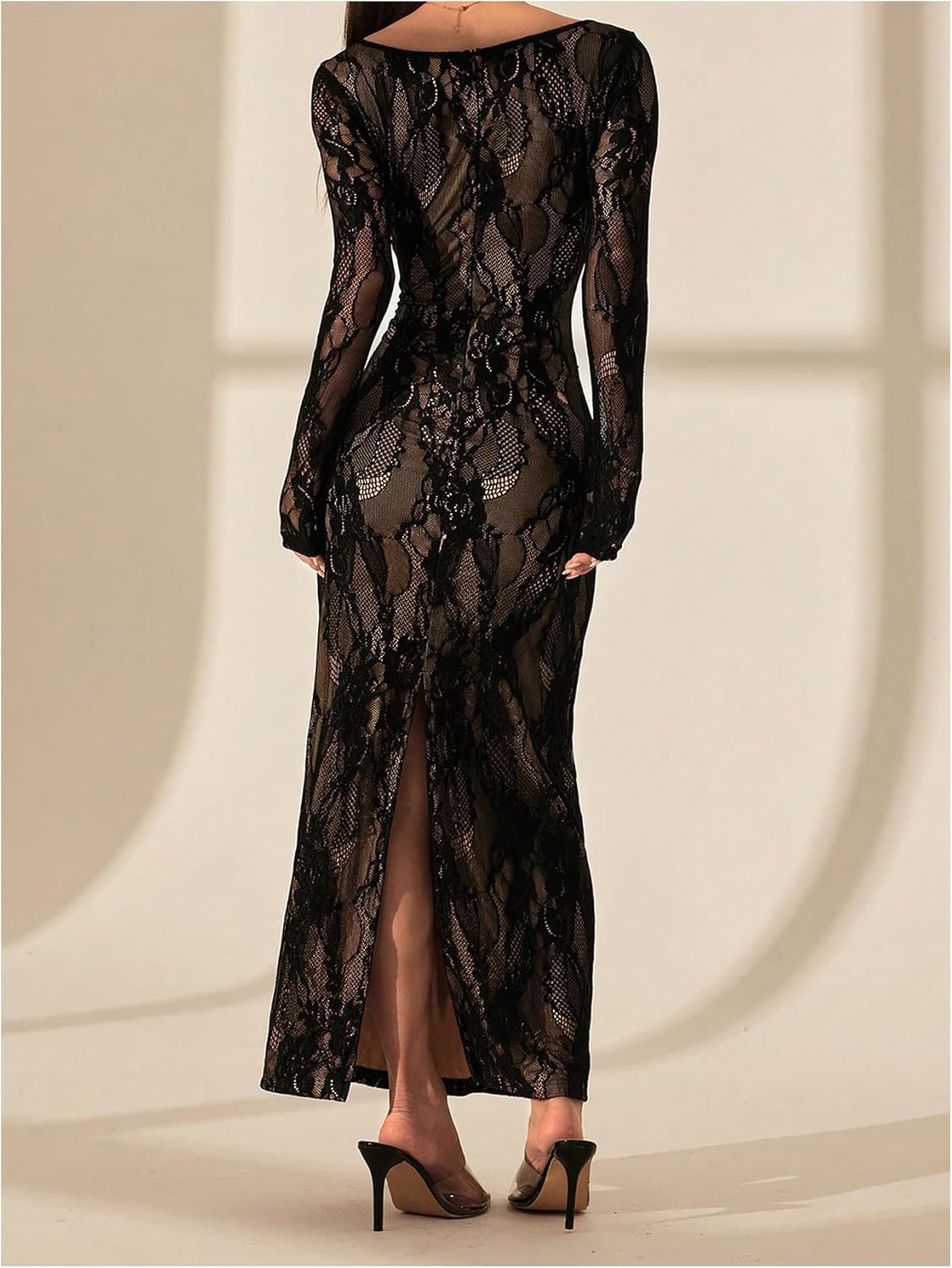 OYOANGLE Women's Floral Lace Slit Back Fishtail Long Dress Square Neck Cocktail Bodycon Dresses - Image 3