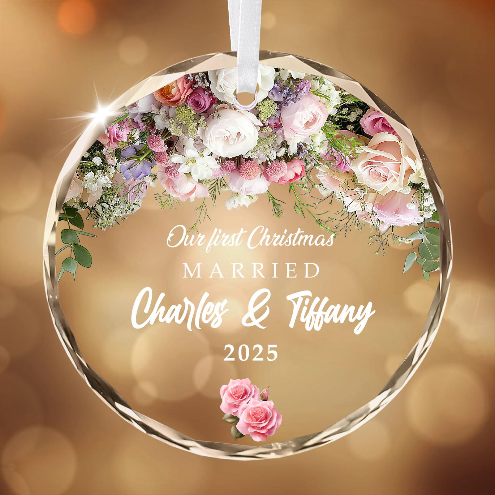 Our First Christmas as Mr & Mrs Bauble Ornament, Custom Crystal Photo Ornaments for Xmas Gifts, Christmas Tree Decoration for Bride, Paar — image 1