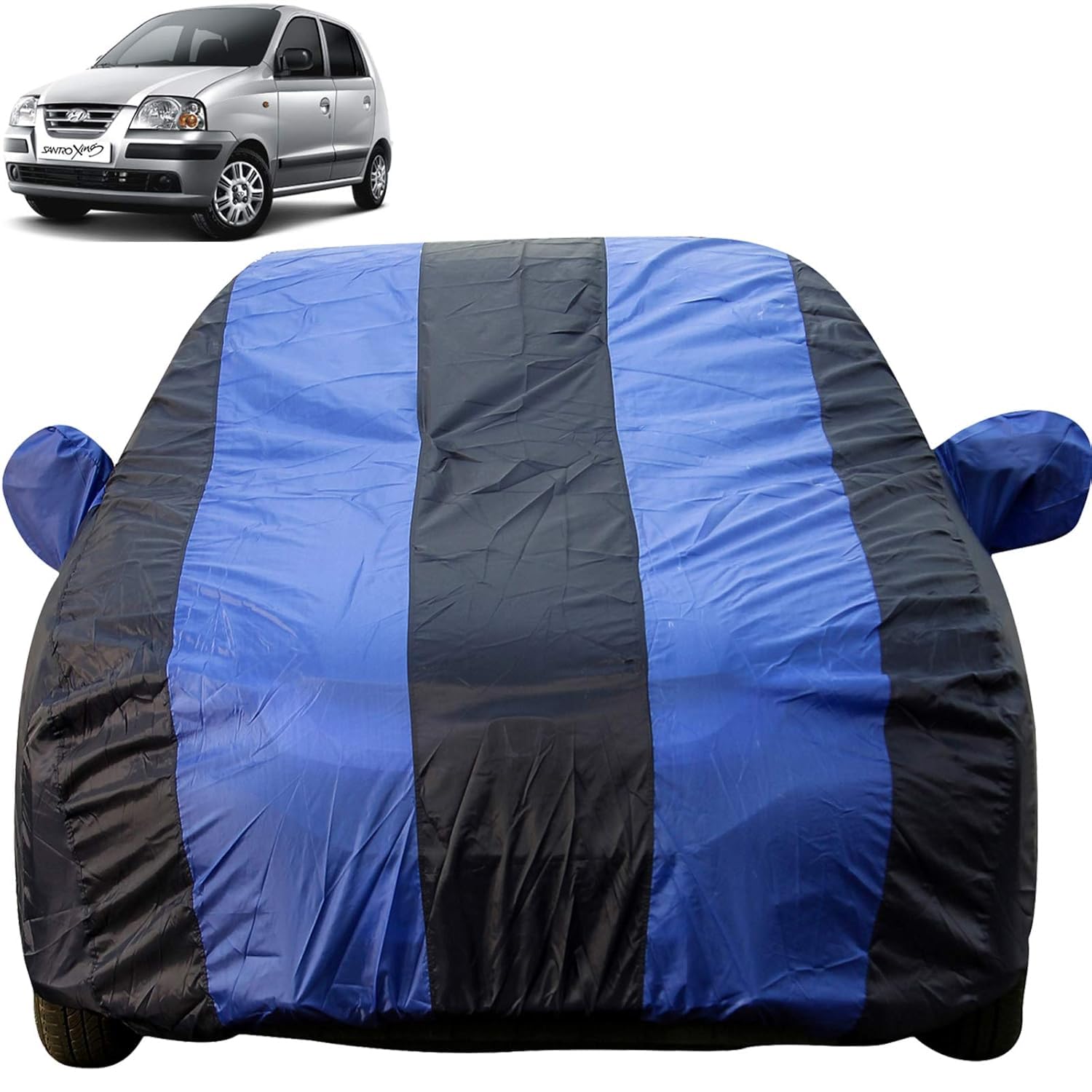 Blue Striped Car Body Cover for Hyundai Santro Xing with Mirror Pockets Triple Stitched Waterproof Bottom Fully Elastic for Car Body Cover-image-6