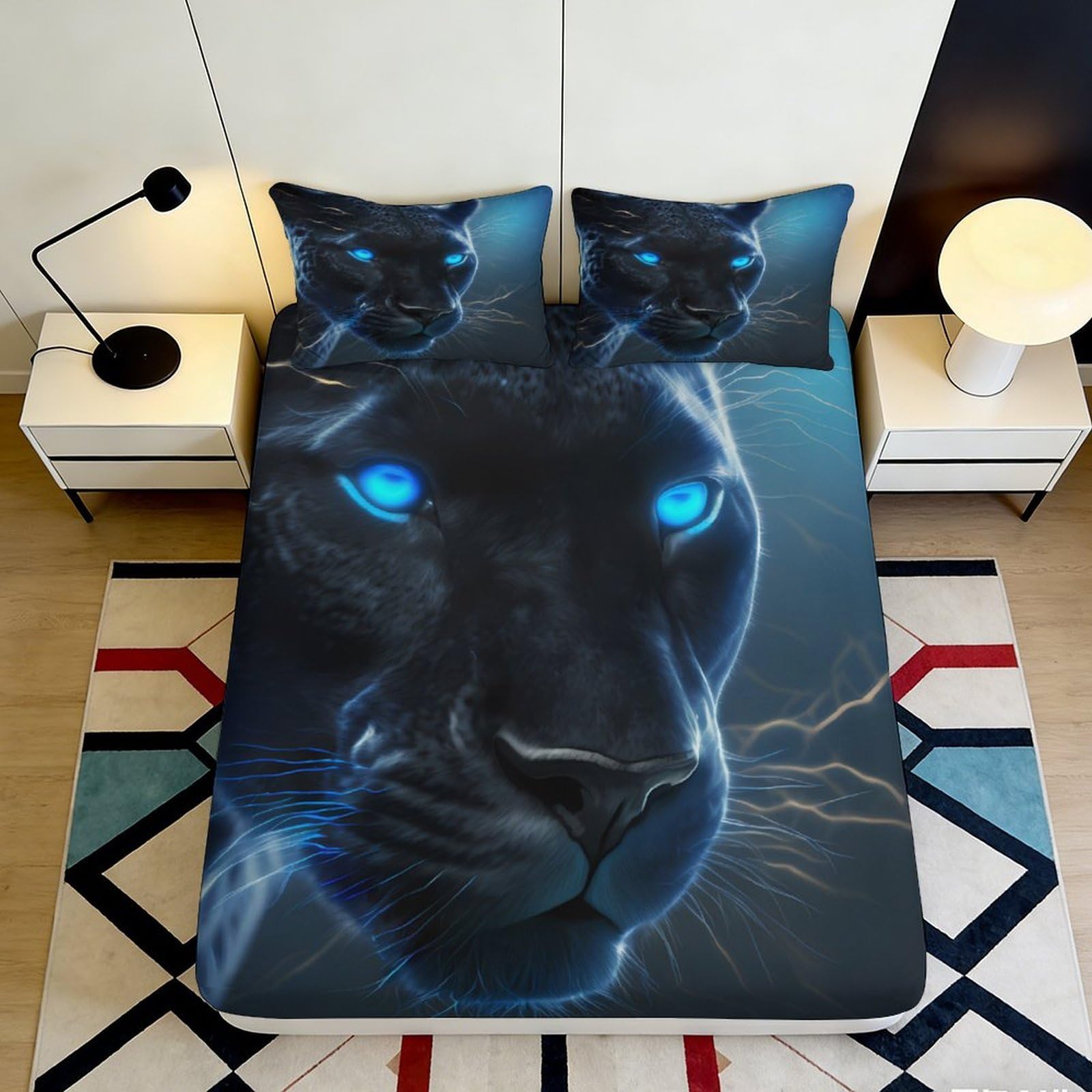 3D Printed Night Panther Fitted Sheet Microfiber Deep Pocket Non-Slip Panther Mattress Fitted Cover for Adults Bedroom 90x200x25cm