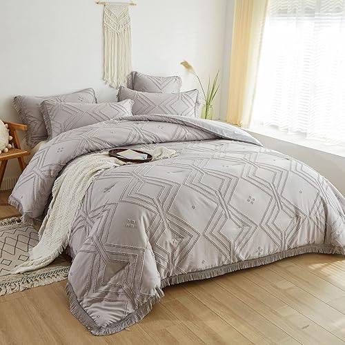 OARAGE Juego de edredón bohemio copetudo gris claro, 2 piezas con borlas geométricas bordadas con flecos y borlas y bordados, estilo shabby chic,