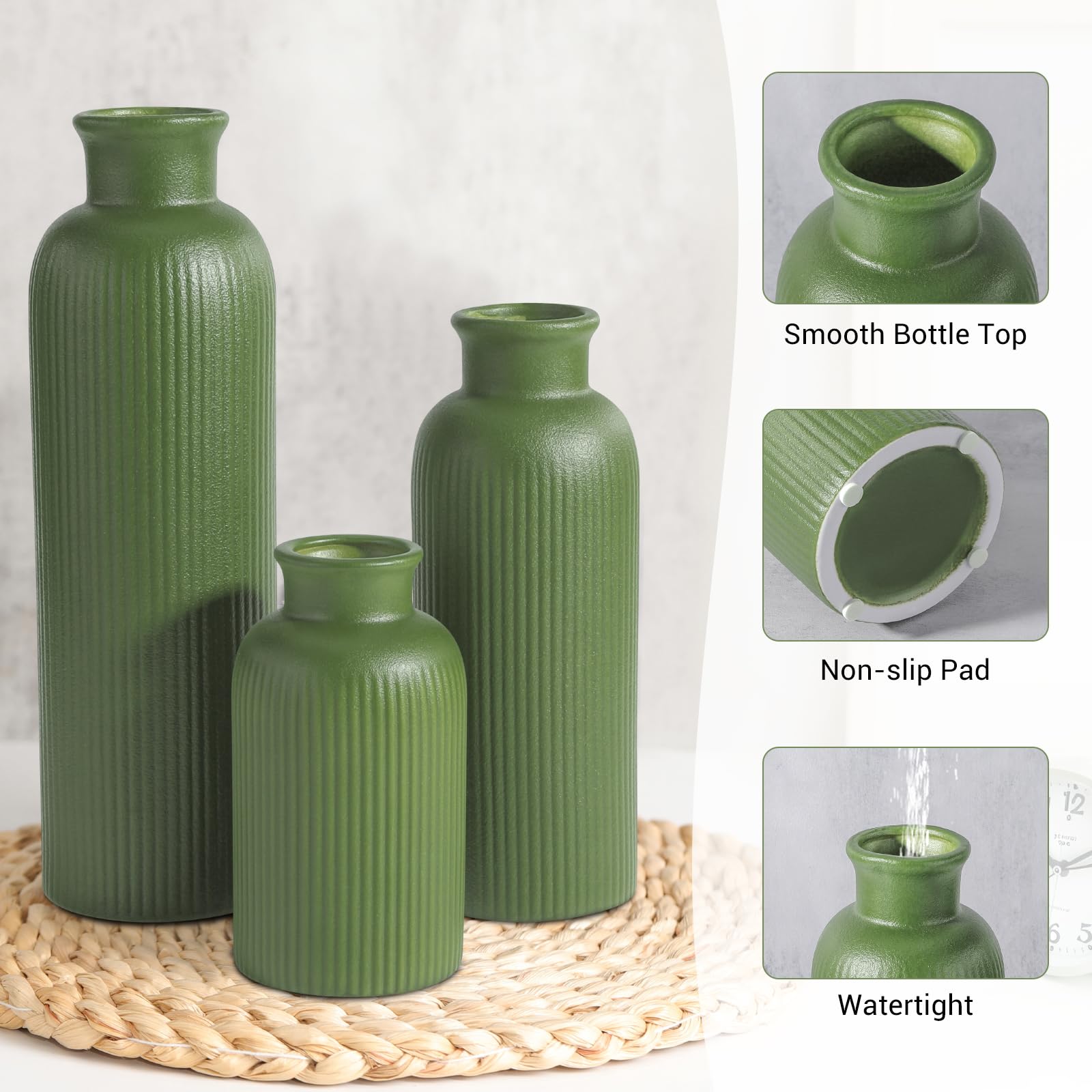 GUKJOB Set di 3 piccoli vasi in ceramica verde salvia, vasi da fiore moderni in stile Boho per la decorazione della stanza, decorazione in stile fattoria, vasi per la tua cucina, bagno, camera da