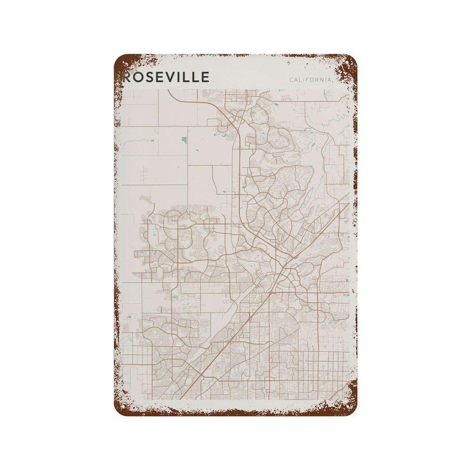 xiaoxiaoshen Roseville Map California Travel Gift Minimalist Wall Decor Art Metal Tin Poster Modern Home Decor Art Home Bar Shop Decorations Vintage Sign 30x20cm