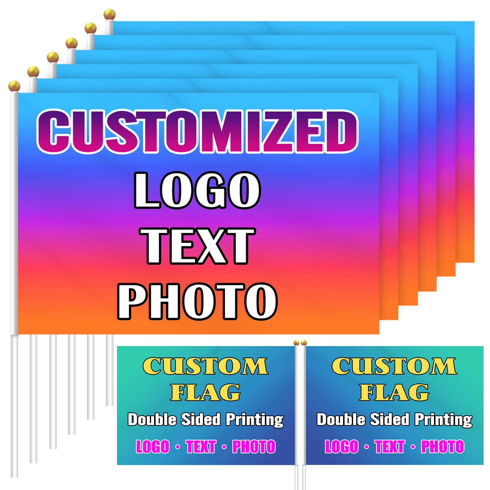 Custom Handheld Flag Small with Pole 6-500 Pcs Personalised Stick Flag Double-sided Mini Flags Banners customised Deign Your Own Photo Text Logo 4x6 Inch โ image 1