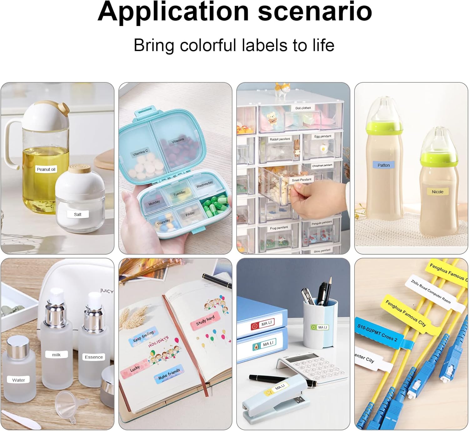 Various application scenarios for the label maker, including kitchen items, medicine organizers, and baby bottles.