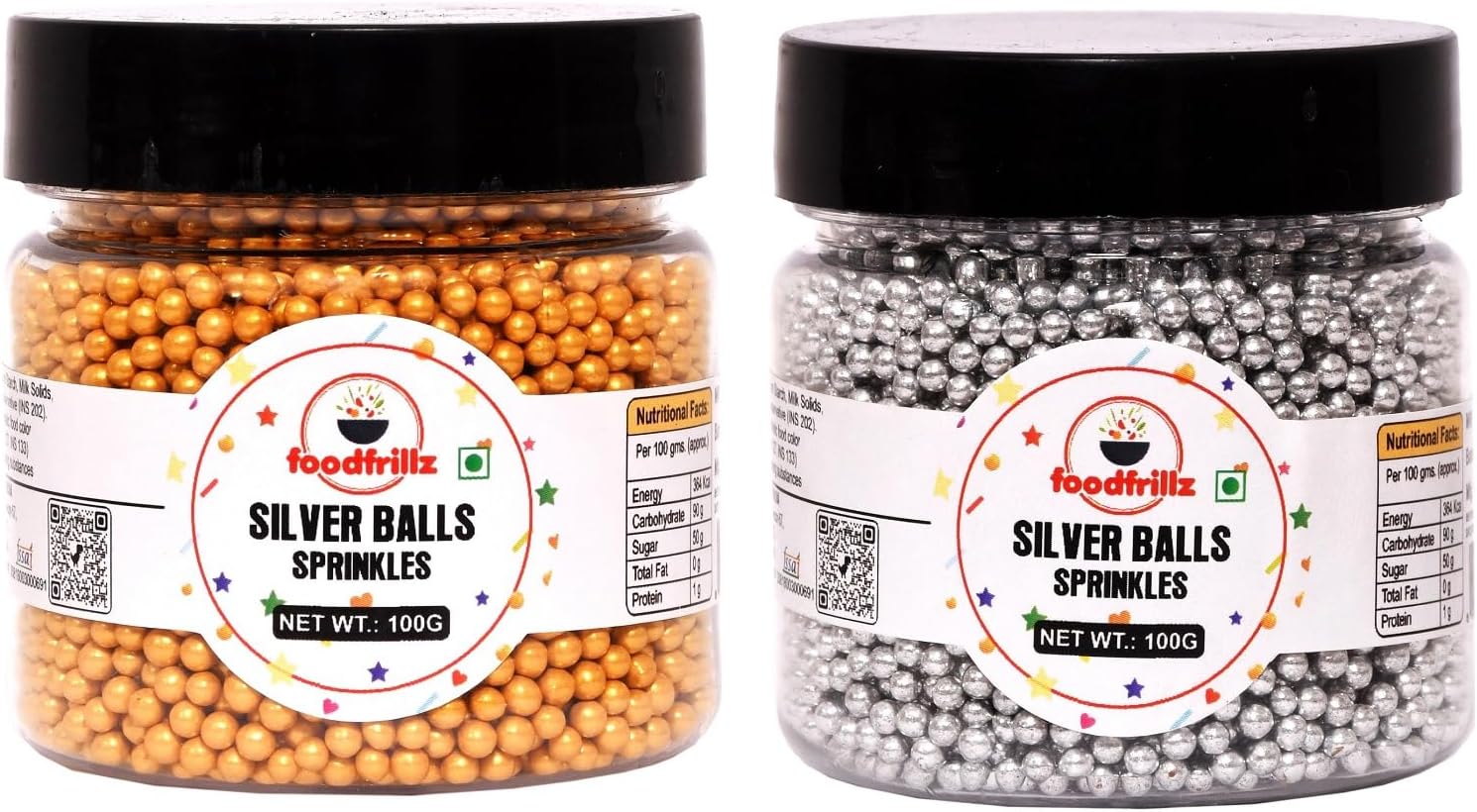 foodfrillz Silver Balls & Golden Balls Edible Cake Sprinkles for Cake Decoration (100 g x 2) sprinkle on cakes, pastries donuts, ice creams | sweet candy