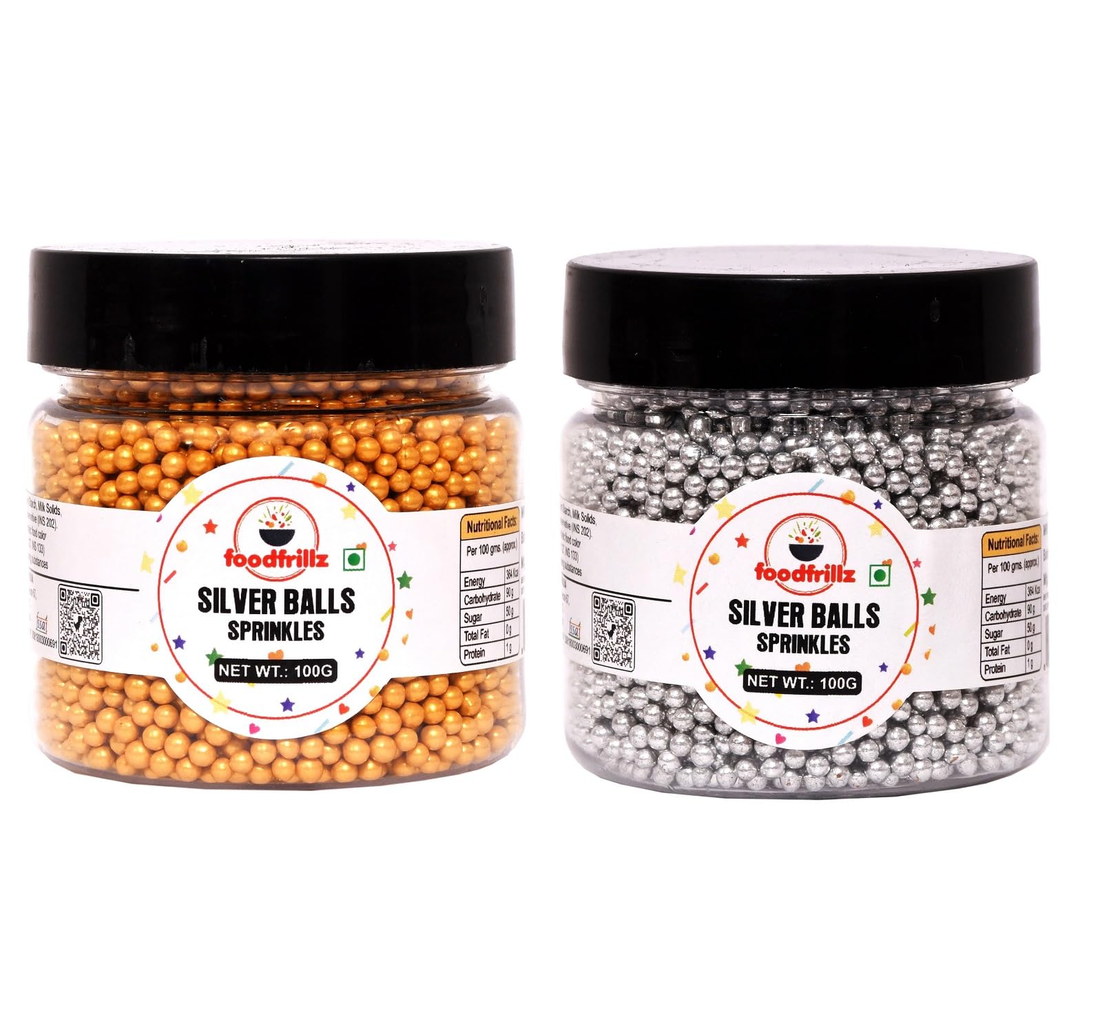 foodfrillz Silver Balls & Golden Balls | Cake Sprinkles Shiny for Cake Decoration (100 g x 2)