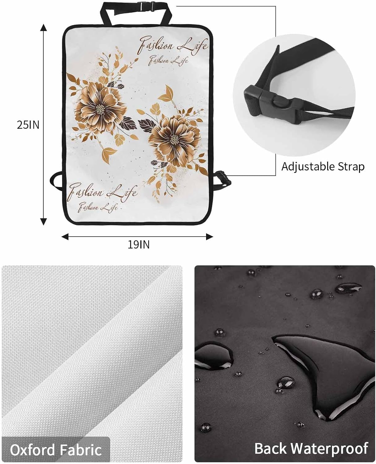 T&H XHome Car Seat Protector, 2 Pack Kick Mats Back Seat Protector Flowers Golden Floral Leaves and Letter Print Waterproof Backseat Cover for Kids Universal Fit Automotive Interior Protectors