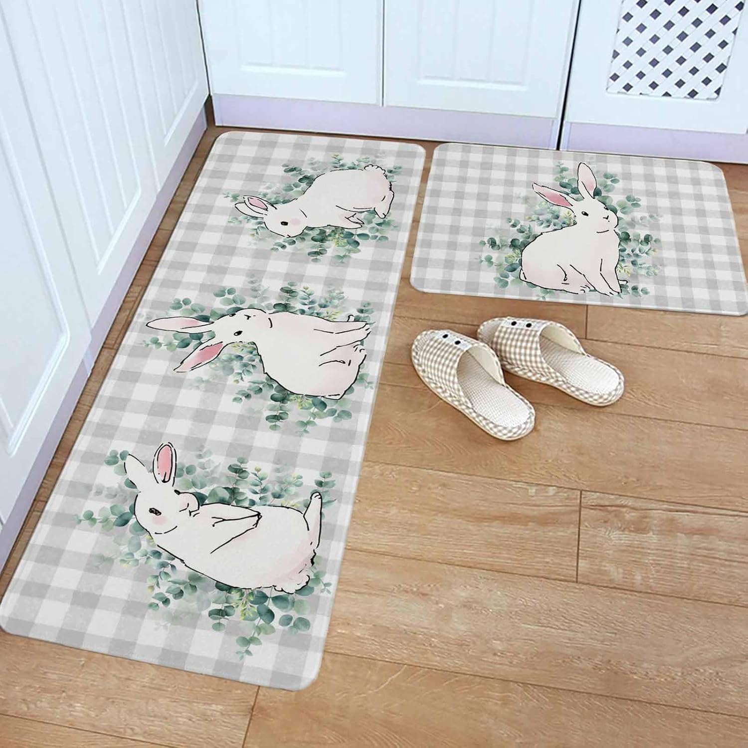 Easter Bunny Kitchen Rugs and Mats Set of 2, Non-Slip Kitchen Sink Mat, Eucalyptus Leaves Rabbit Farmhouse Grey Plaid Washable Doormat Bathroom Rugs Runner for Bedroom 19.7"x31.5"+19.7"x63"